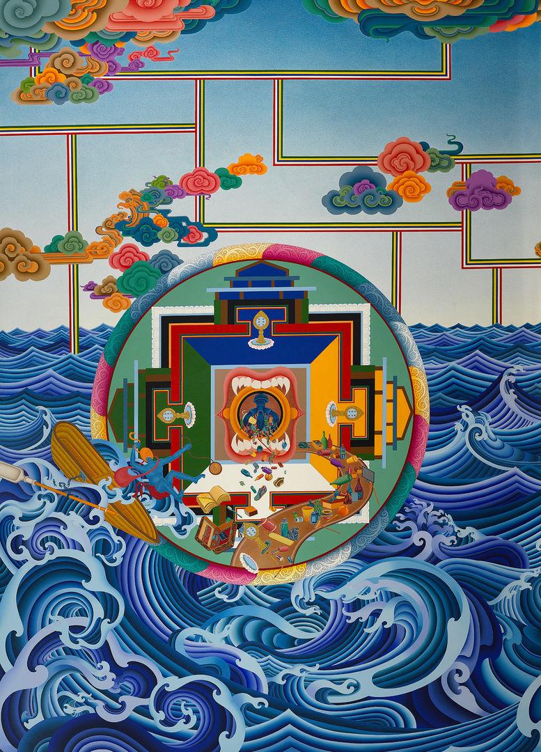 An intricate, colorful mandala is centered over a background of turbulent ocean waves. Surrounding the mandala are stylized clouds with geometric patterns.