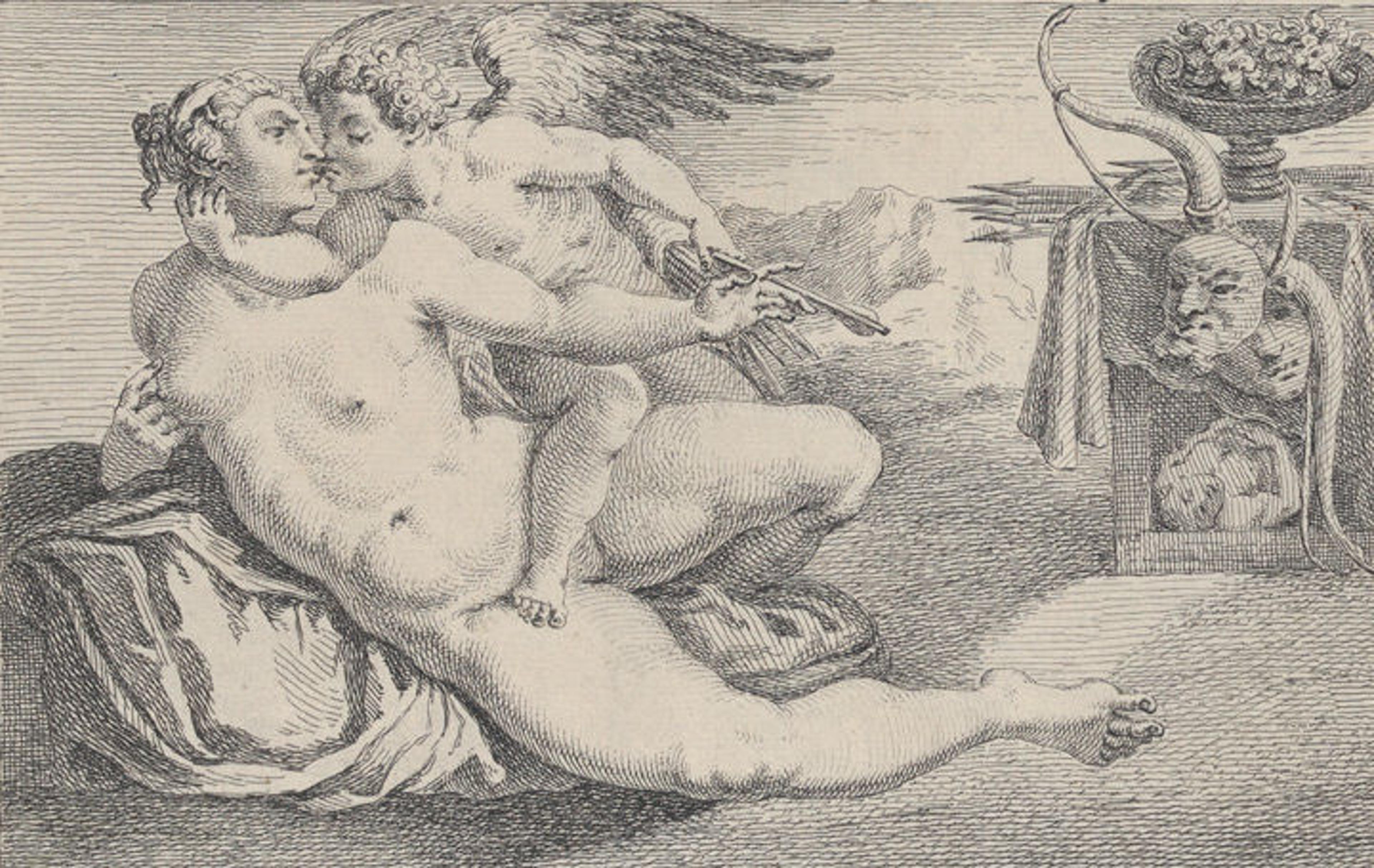 Detail view of a 1735 raffle ticket for a work drawn by Michelangelo showing a printed reproduction of the work