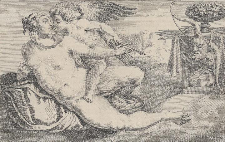 Detail view of a 1735 raffle ticket for a work drawn by Michelangelo showing a printed reproduction of the work