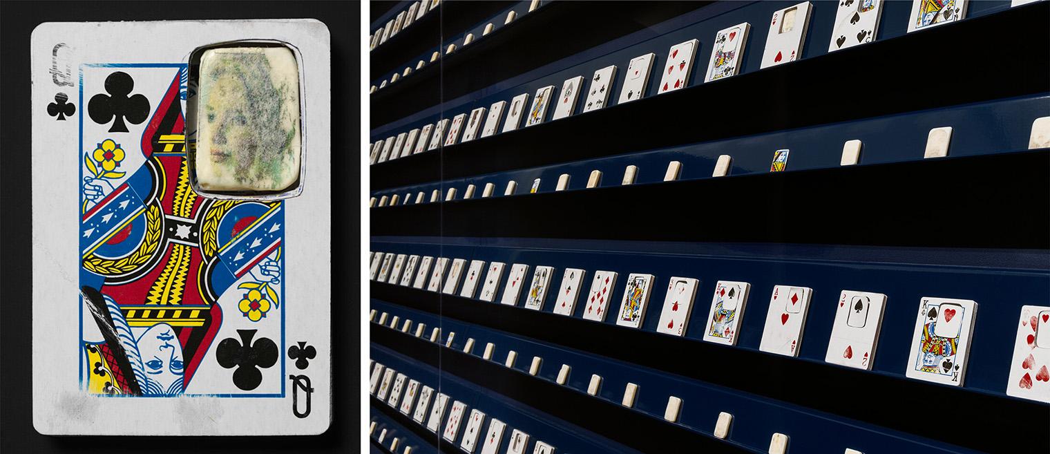 A collage featuring a king of clubs card with a faded image inset, next to a wall of stacked playing cards. The tone is artistic and mysterious.