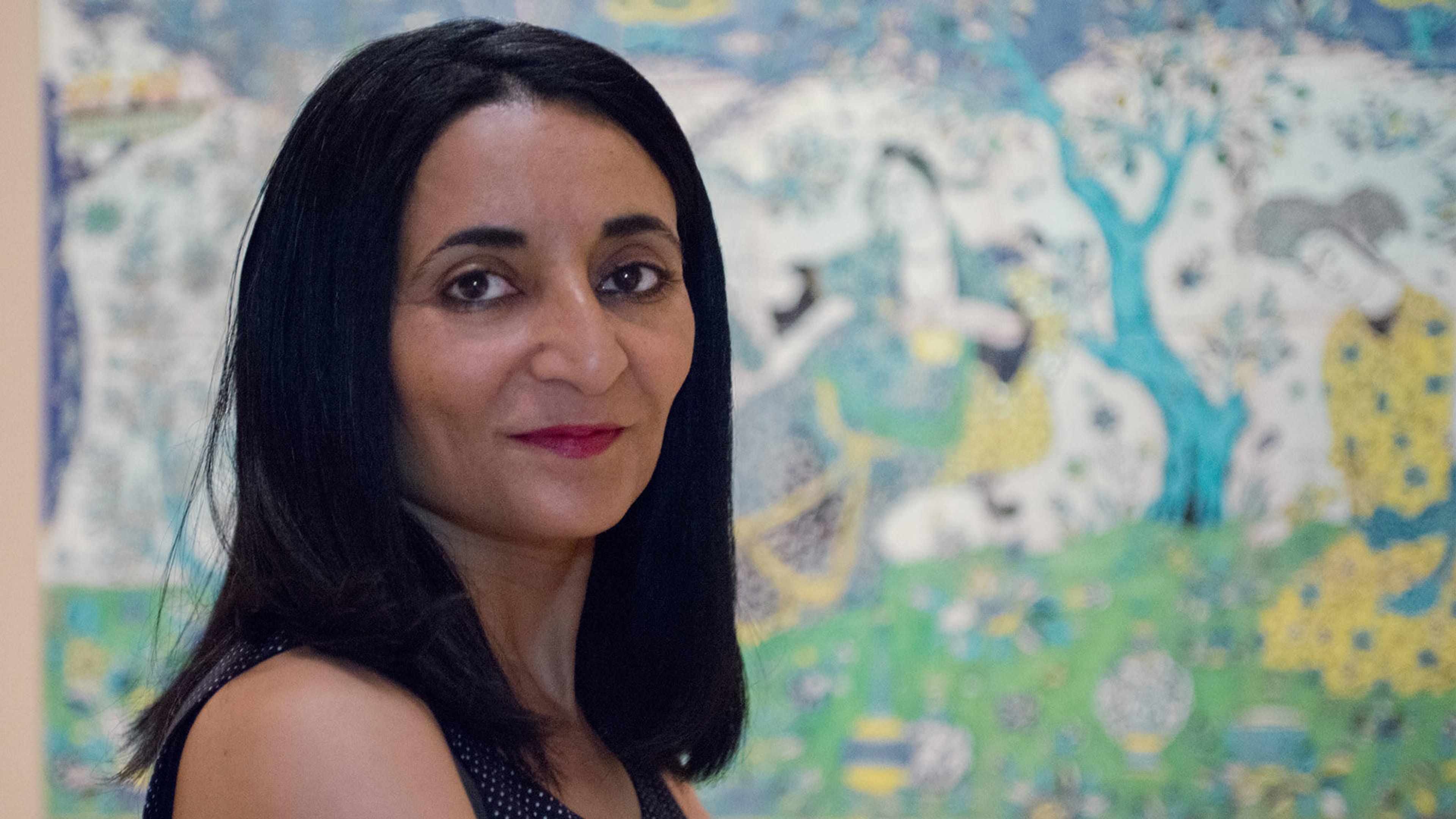 Ghada Amer on an Iranian tile panel, "Garden Gathering"