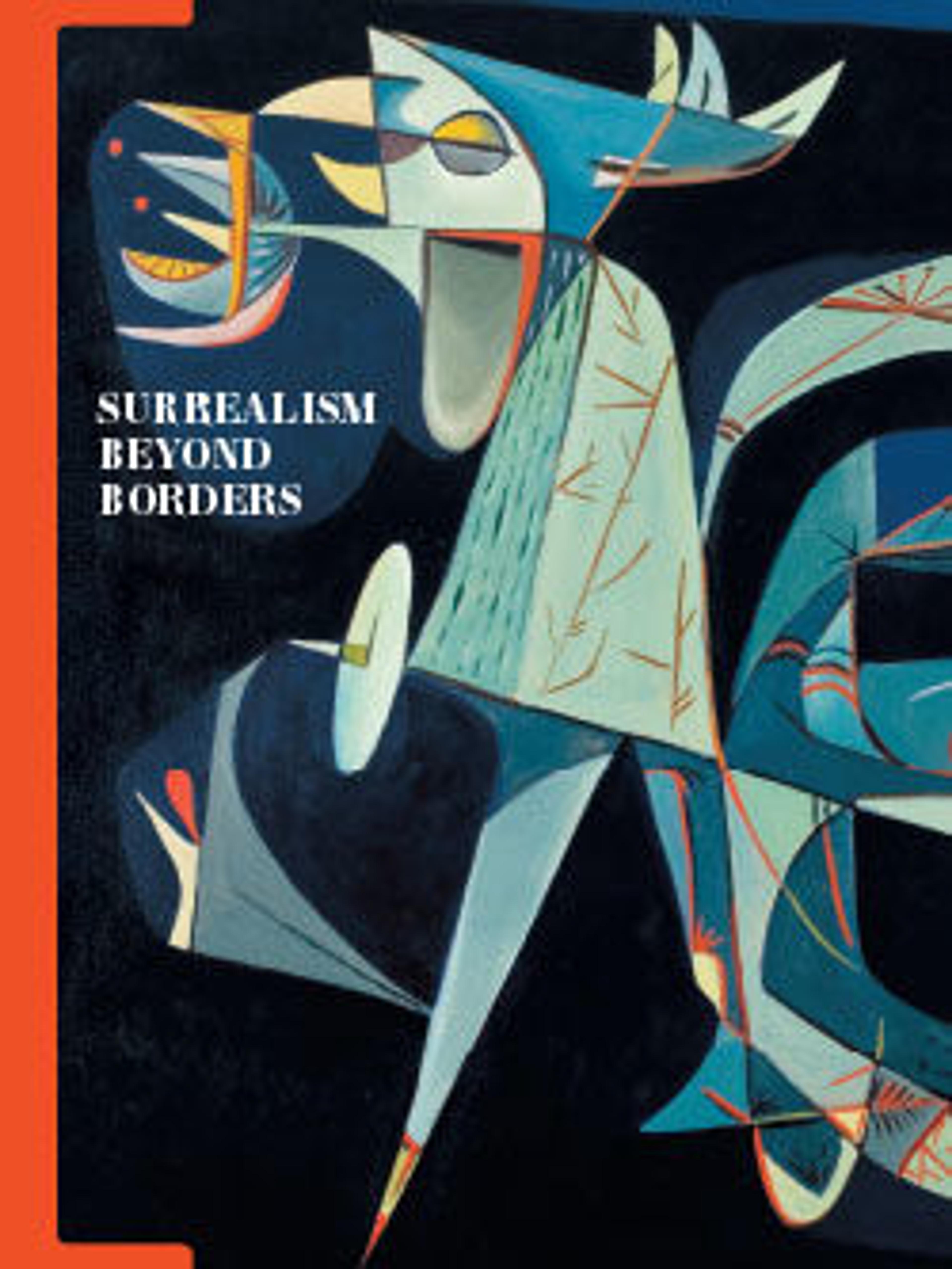 an abstract figure faces to the left with several shapes in the background, and the title of the book "Surrealism Beyond Borders" is on the left side next to a red border