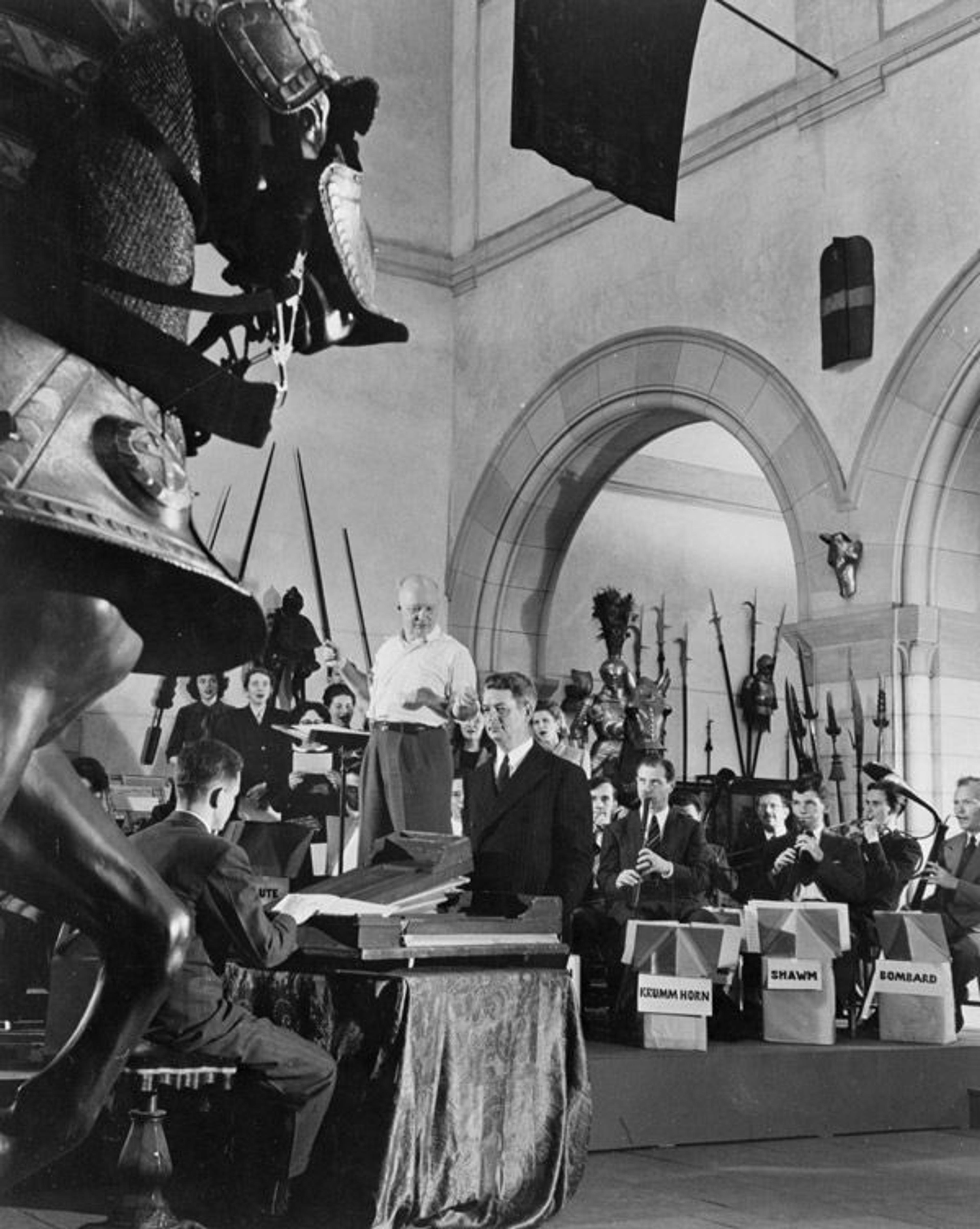 Hindemith and the Yale Collegium Musicum rehearsing in the Arms and Armor Court before their concert in May 1948. The seldom-heard early instruments are labeled "shawm," "krummhorn," etc. for the benefit of the audience. The State Department recorded this concert for the Voice of America, which continued to record and disseminate Winternitz’s Member concerts until at least 1955.