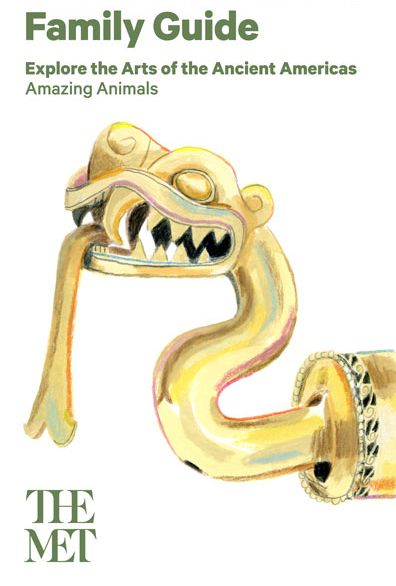 Cover of a brochure with a very colorful illustration of an artwork from the Ancient Americas.