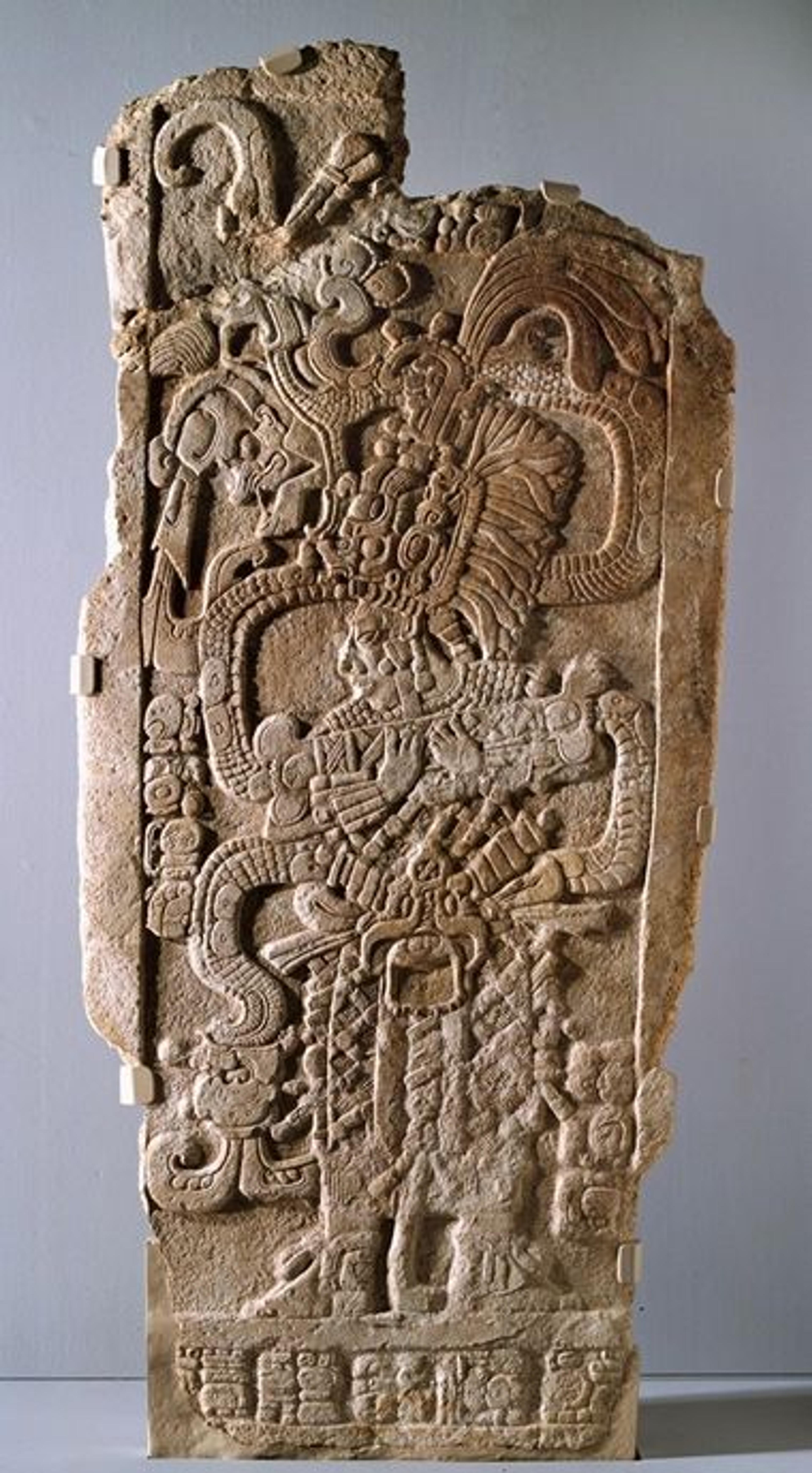 Stela of an ancient Mexican or Guatemelan queen, made of limestone and featuring ornate relief work