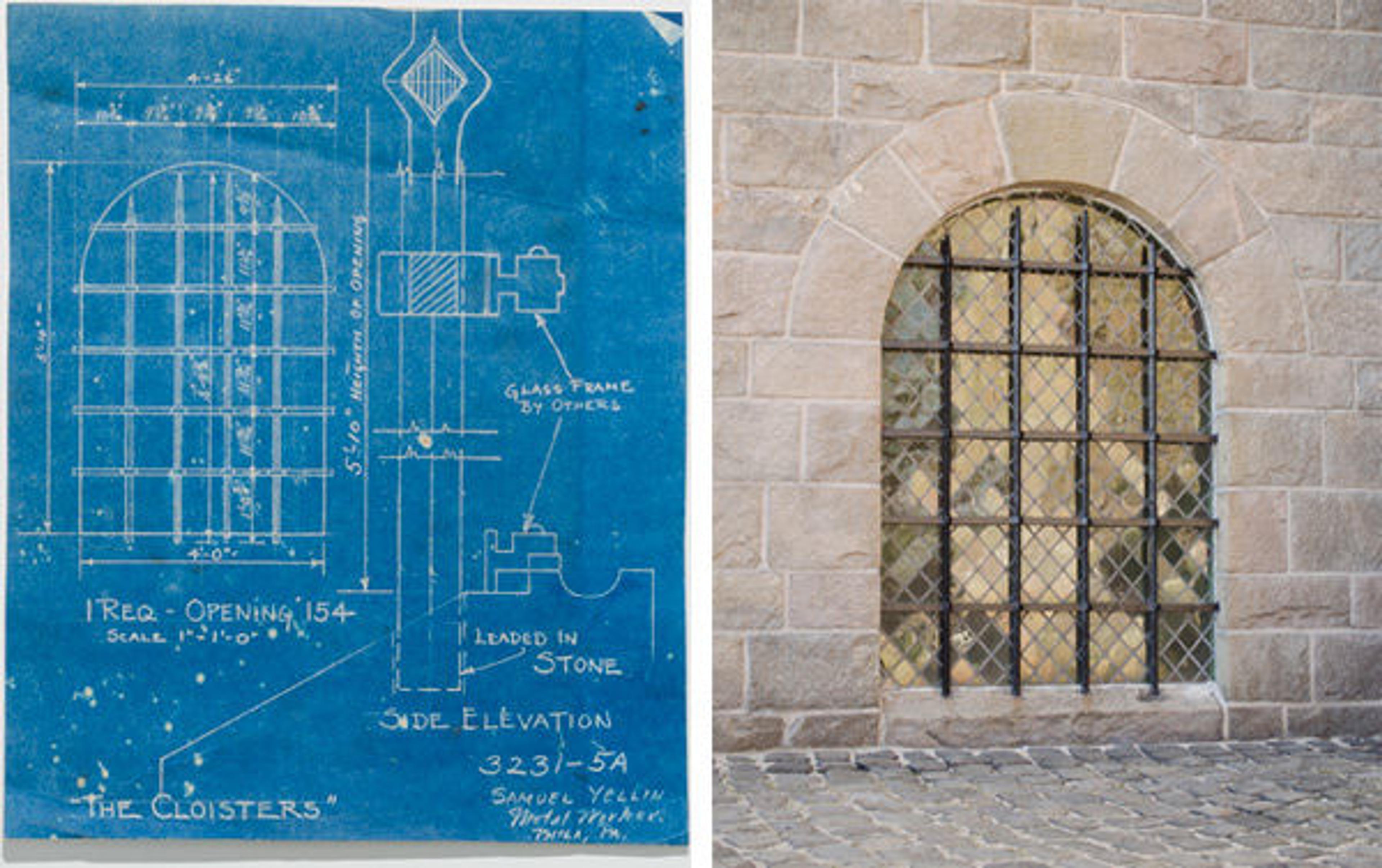 Drawing for a window grille on the Postern Gate stairs and Window grille as installed at The Cloisters