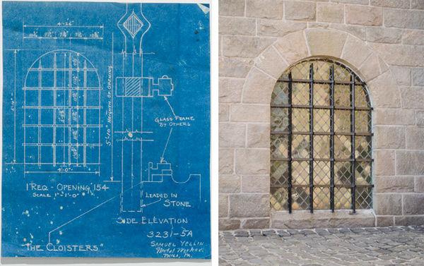 Drawing for a window grille on the Postern Gate stairs and Window grille as installed at The Cloisters