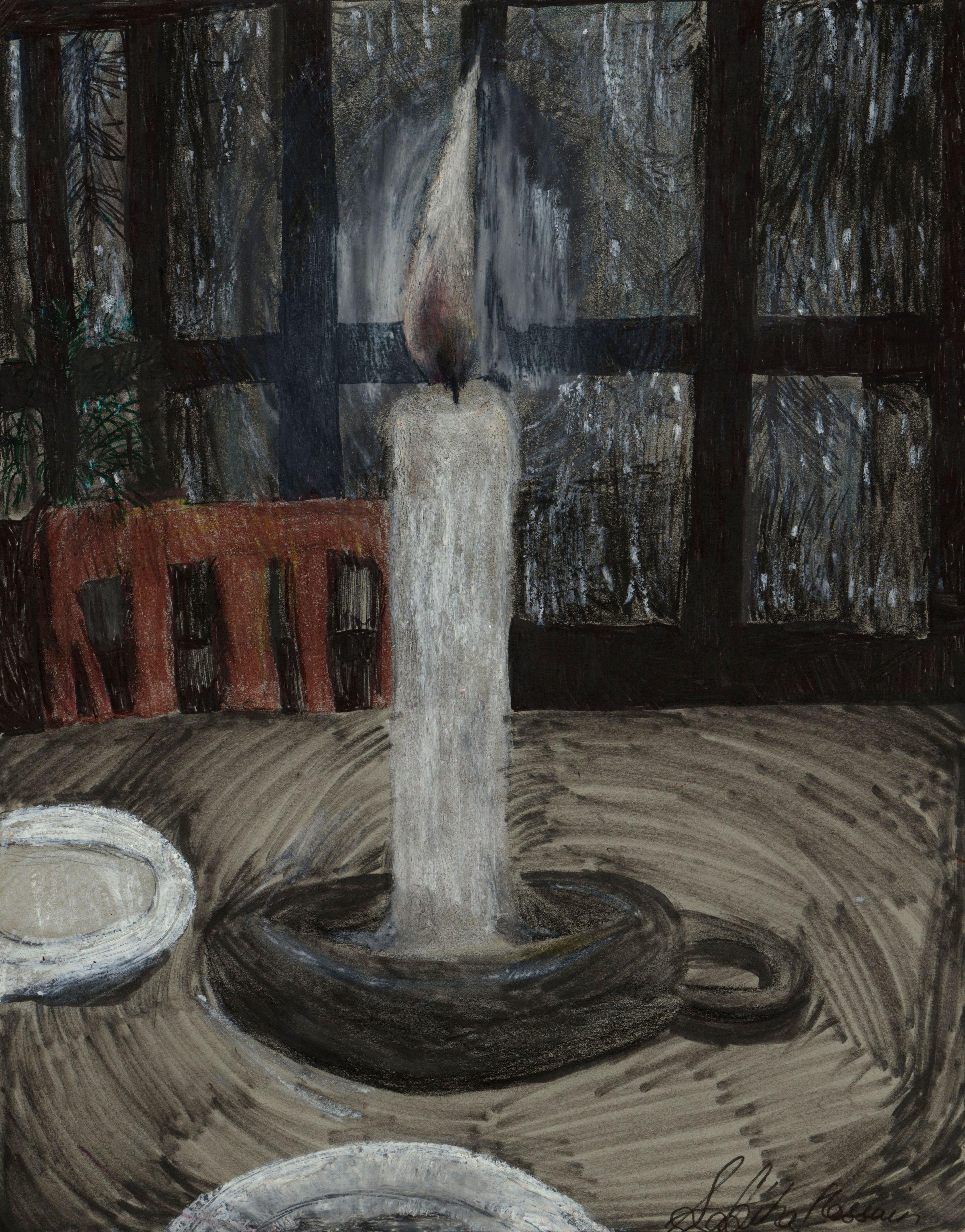 Mixed-media drawing of a tall white candle burning in the dark atop a dark candle holder that sits on a tabletop in front of a brown wooden chair back and dark window frames in the rear. A pair of small white plates sit on the table to the left and below the candle holder.