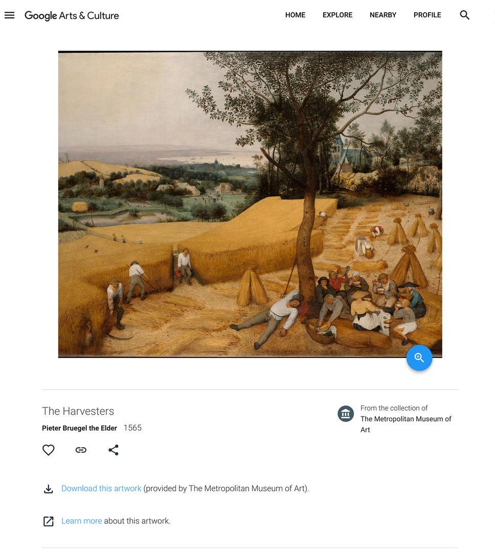 Screenshot of The Harvesters, an Open Access artwork in The Met collection, made available on the Google Arts and Culture platform