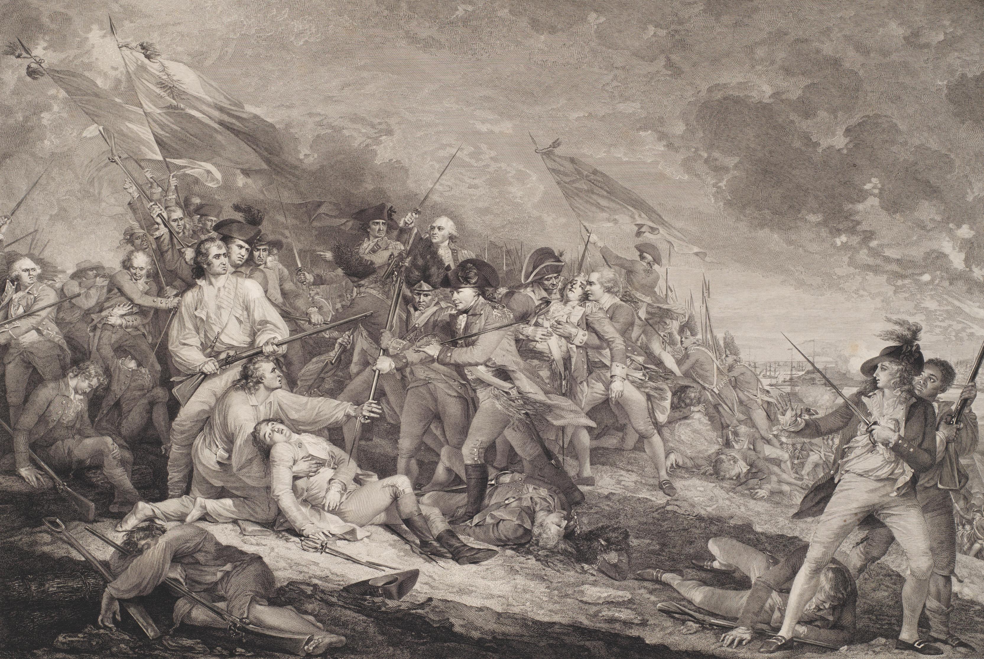 A historic battle scene engraving shows soldiers in 18th-century uniforms, engaged in intense combat. Flags wave amid the chaos and fallen troops.