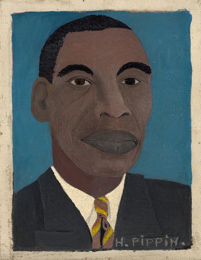 A Self-Portrait painting by the African American Painter Horace Pippin. A Black man sits against a blue background from his shoulders up looking directly towards us with deep brown eyes. He is wearing a black suit, off-white yellowish suit, and a striped tie with brown and a golden-mustard yellow.