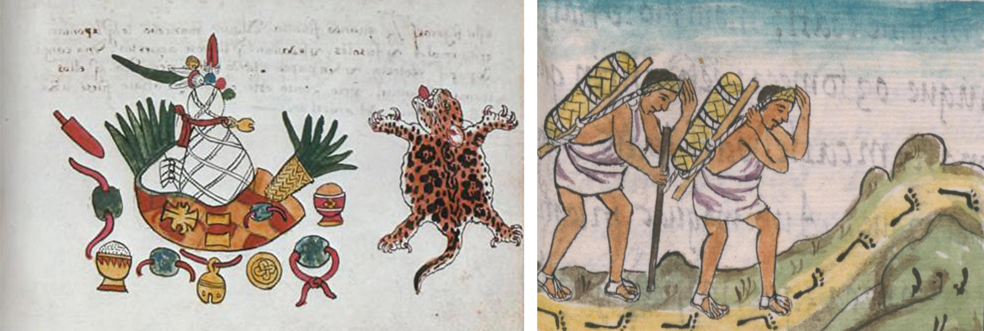 On the left, a colorful illustration showing the contents of an unrolled mortuary bundle and a jaguar skin. On the right, a colored illustration of two porters traveling by foot, carrying rolled up petates on their back.