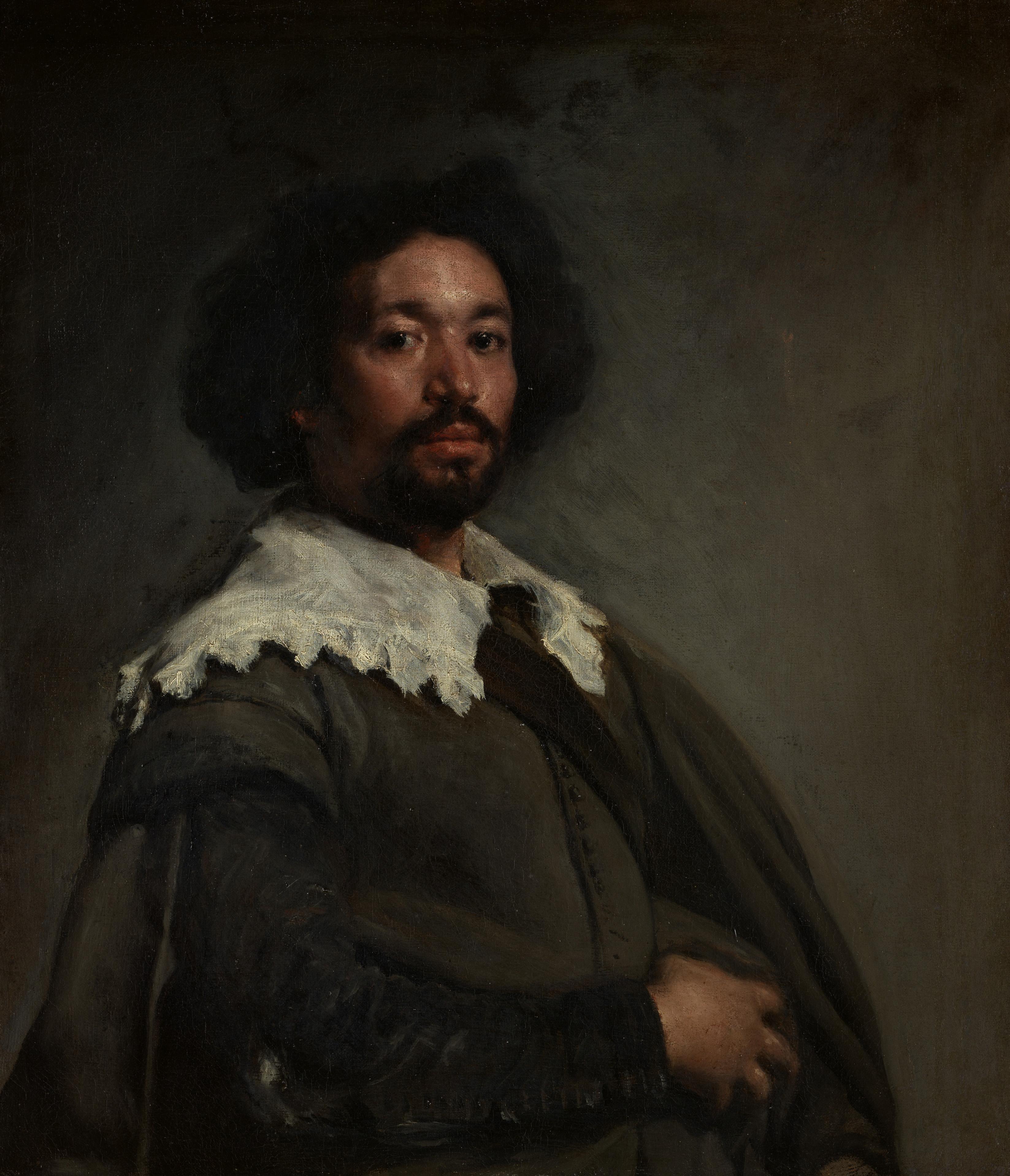 Portrait of Juan de Pareja by Velázquez depicting a man with dark curly hair, a mustache and beard, wearing dark clothing with a white lace collar.