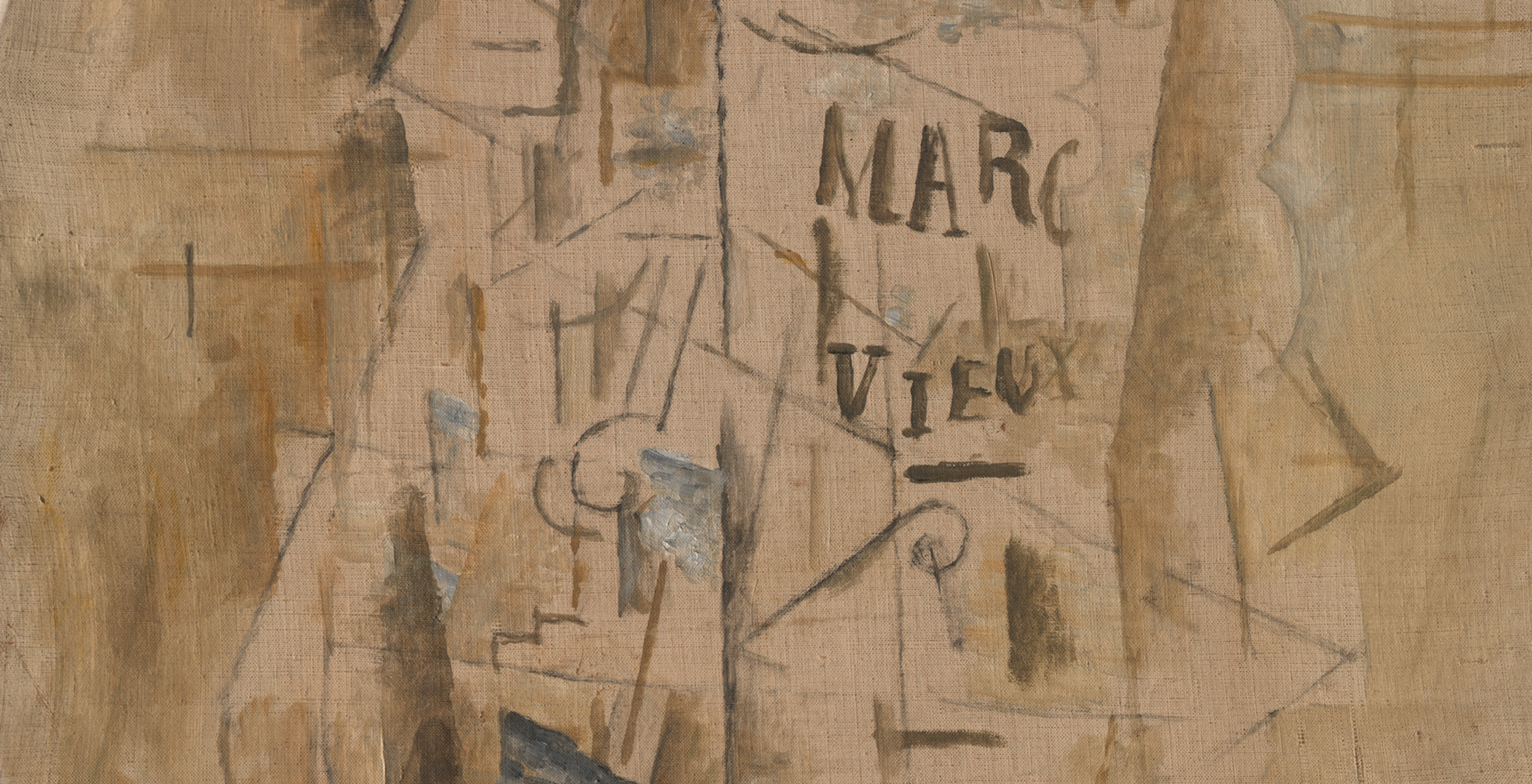 Oil and charcoal painting of brown-toned cubist take on a bar or café interior with the tall shape at the center identified as a bottle of “Marc Vieux” brandy