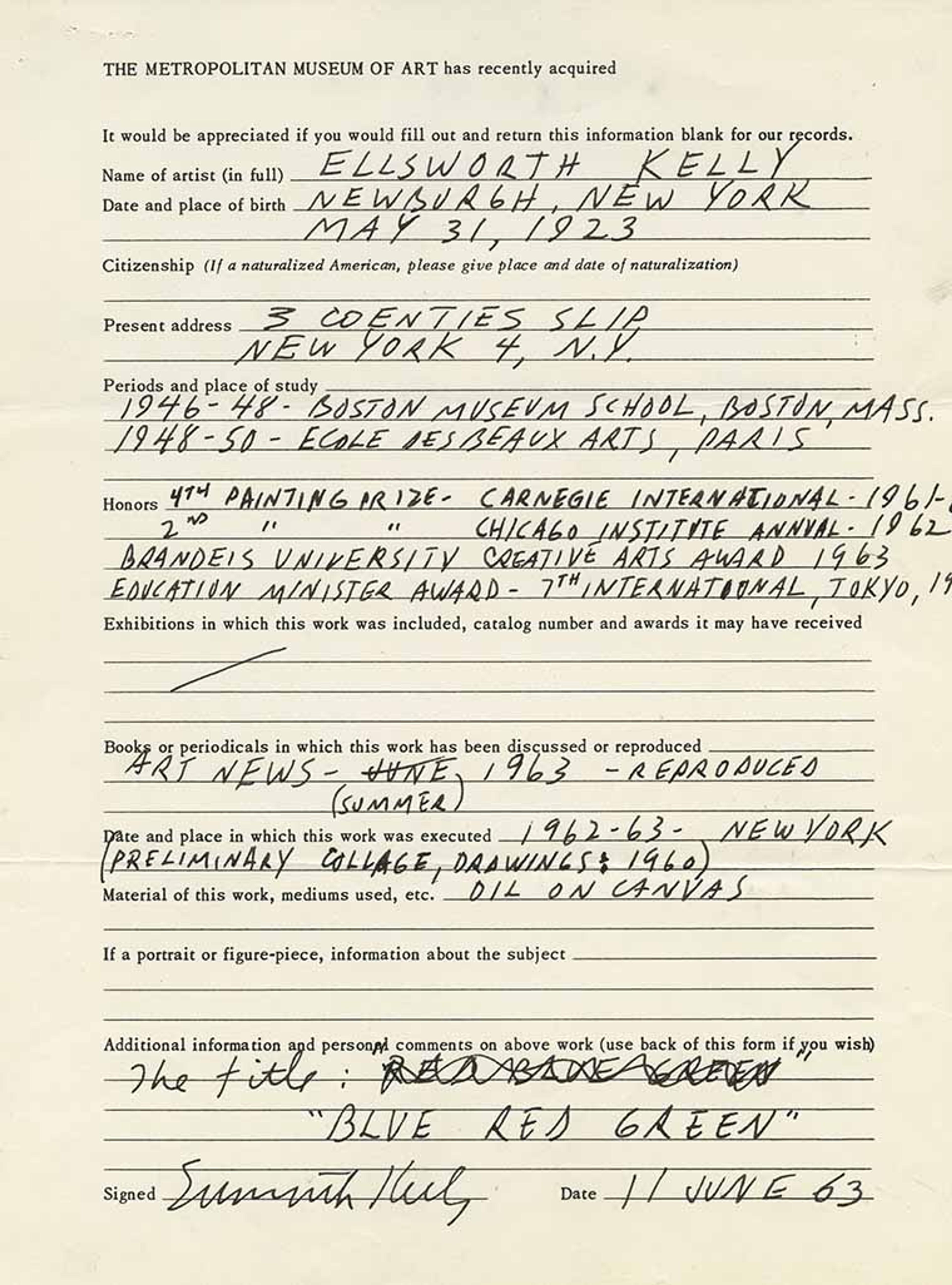An intake form filled out by artist Ellsworth Kelly.