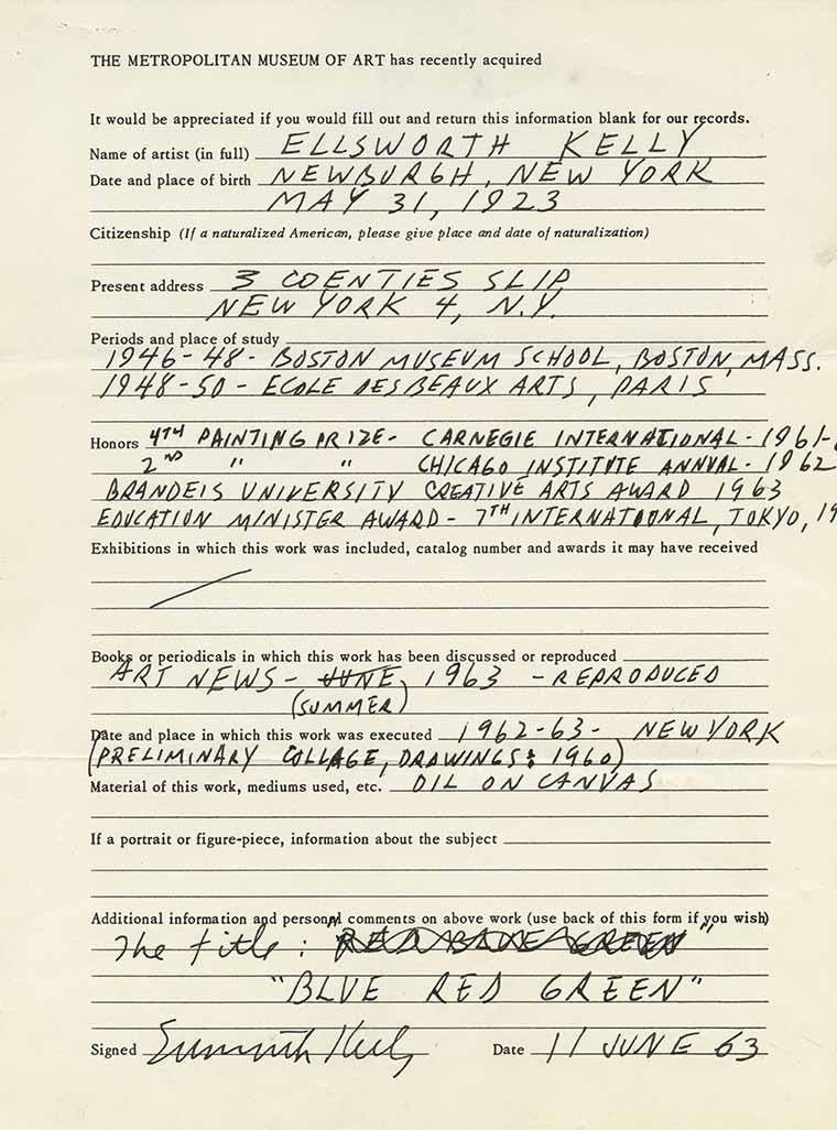 An intake form filled out by artist Ellsworth Kelly.