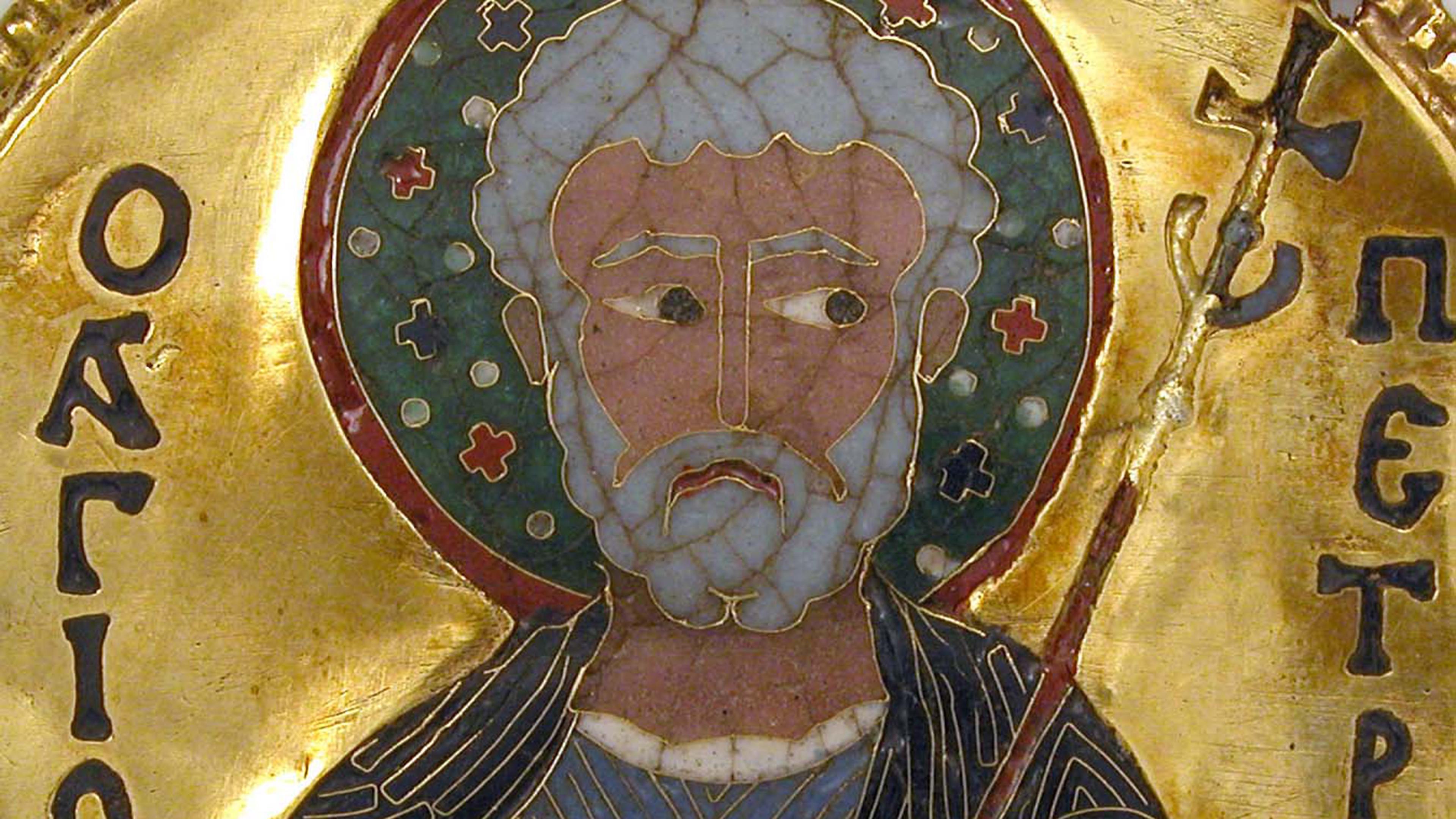 Image of Saint Peter on a gold medallion with a Greek inscription