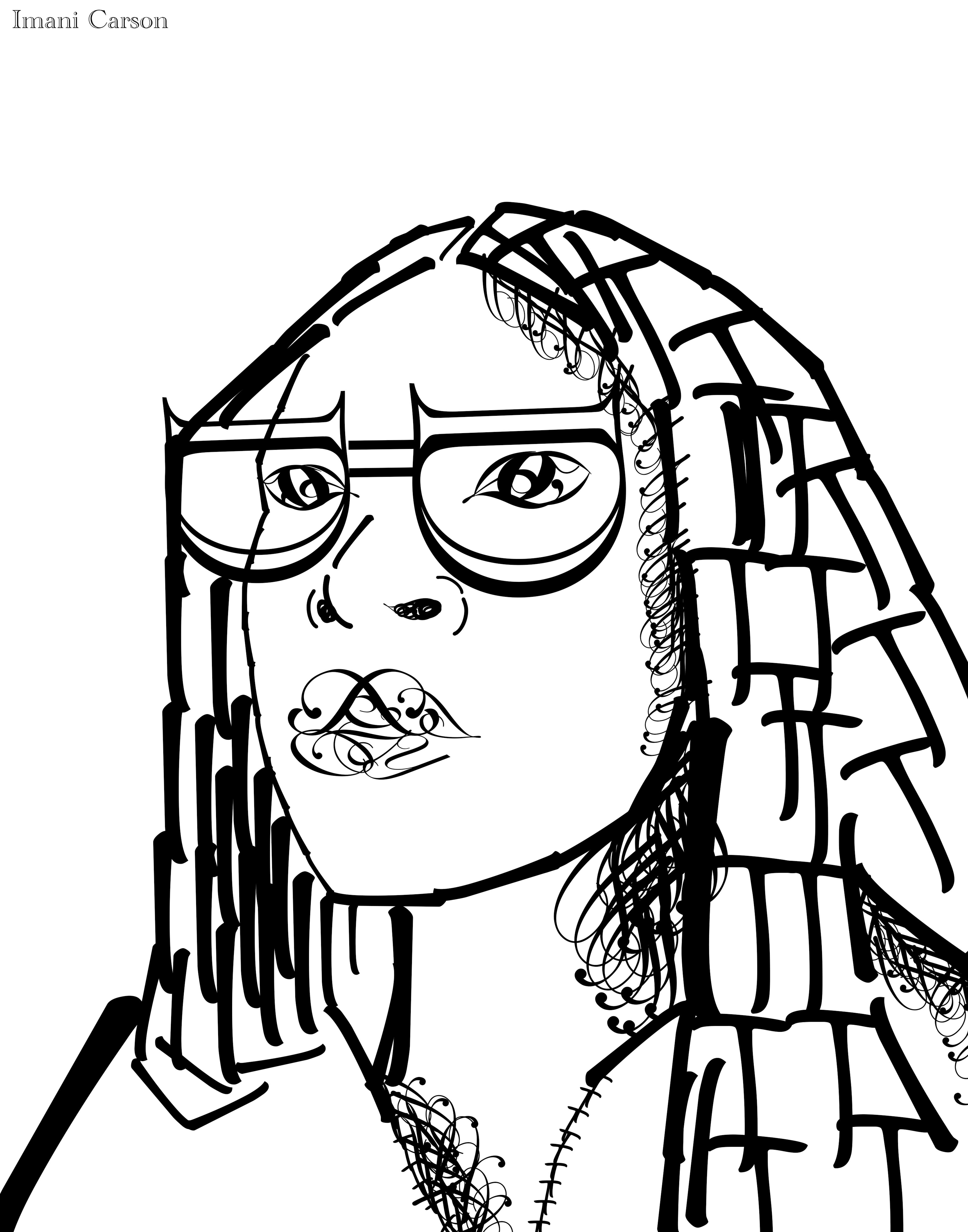 Black-and-white self-portrait of a young girl facing the viewer, showing her head and shoulders. The girl wears eyeglasses with each lens composed of a sideways capital letter D pointing downward. The girl's lips are composed of overlapping ornamental deorative typesetting symbols. The girl's hair is composed of mulptiple  letter Ts, cascading from the top of her head, past her shoulders. 