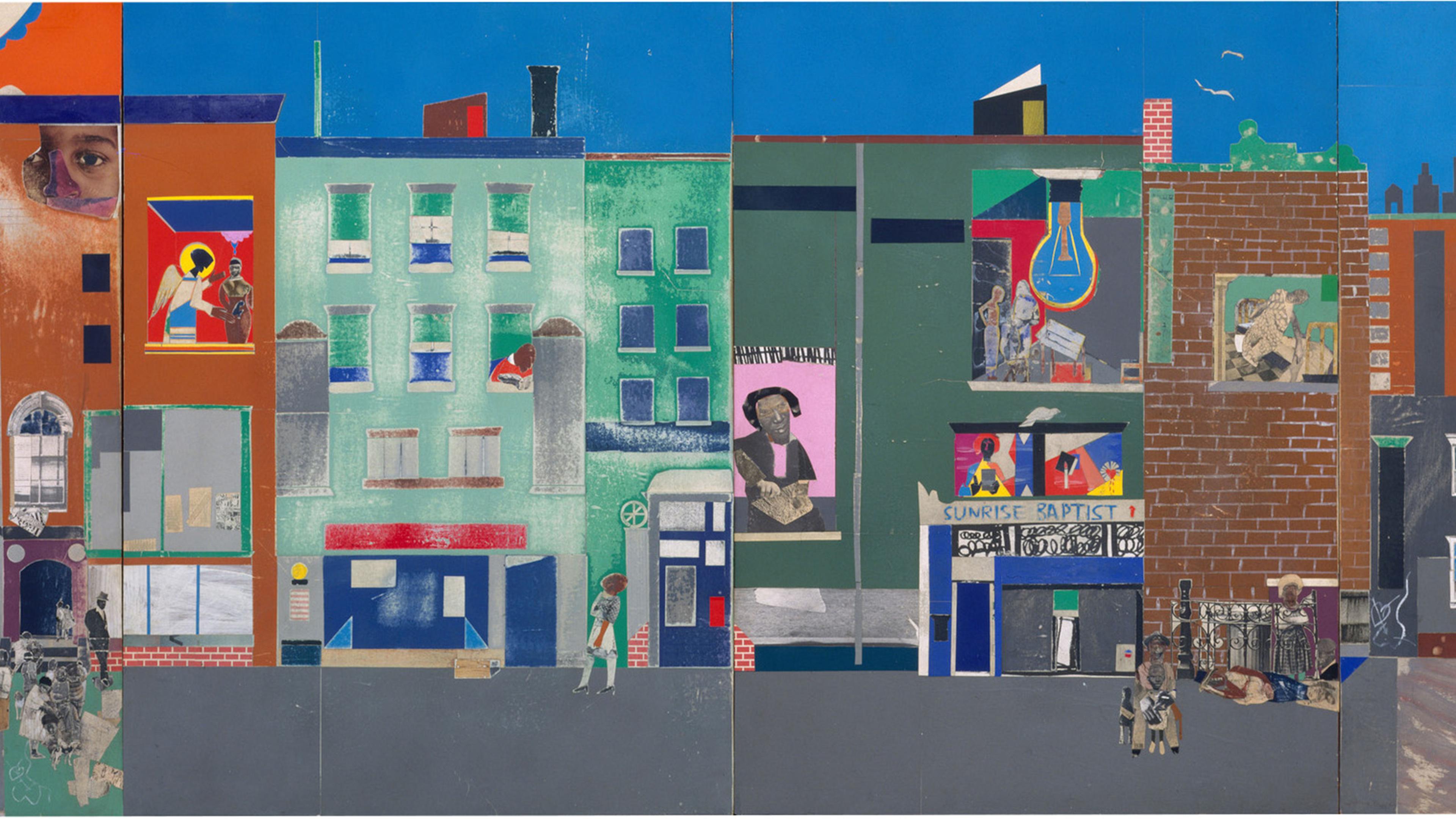 A vibrant, colorful collage of buildings along a streetscape, depicting varied daily activities in windows and on the street against a bright blue sky.