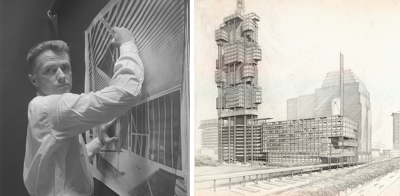 Composite image of white male leaning against image on the wall and architecture drawing on the right.