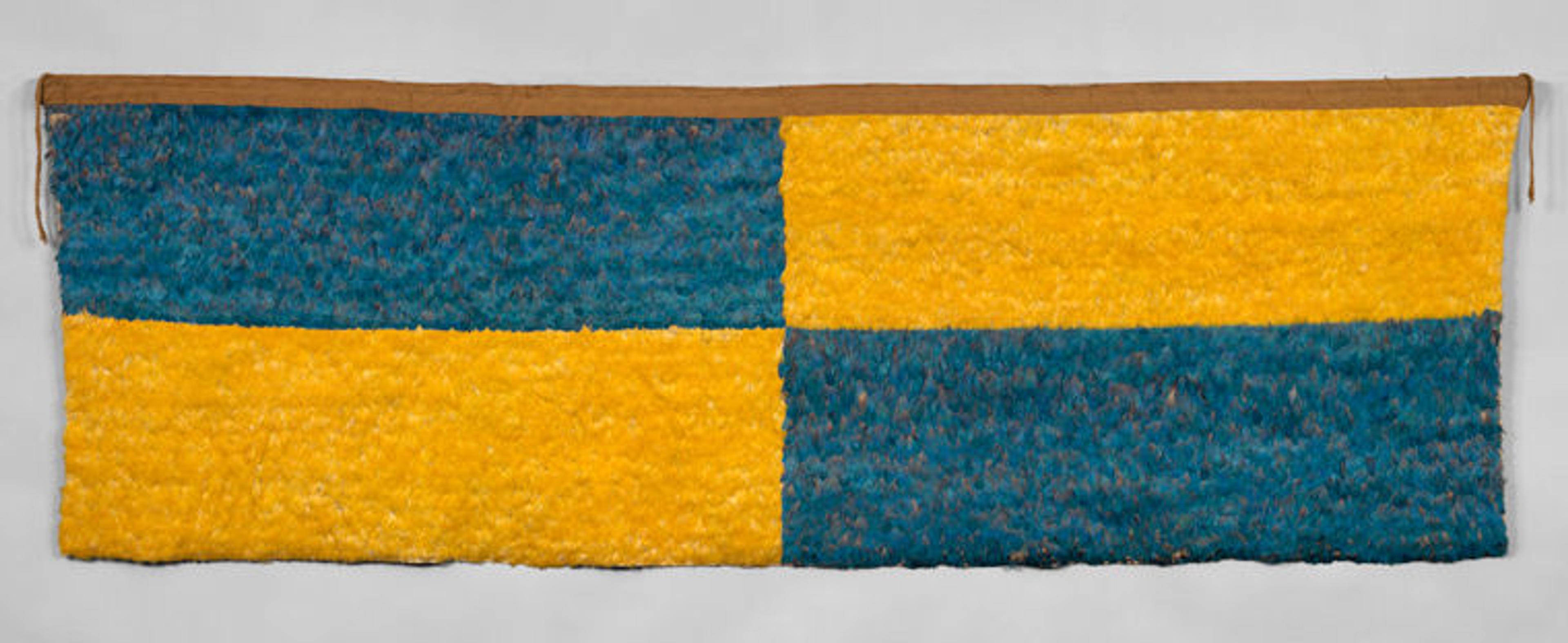 Peruvian featherwork textile made of blue and yellow feathers