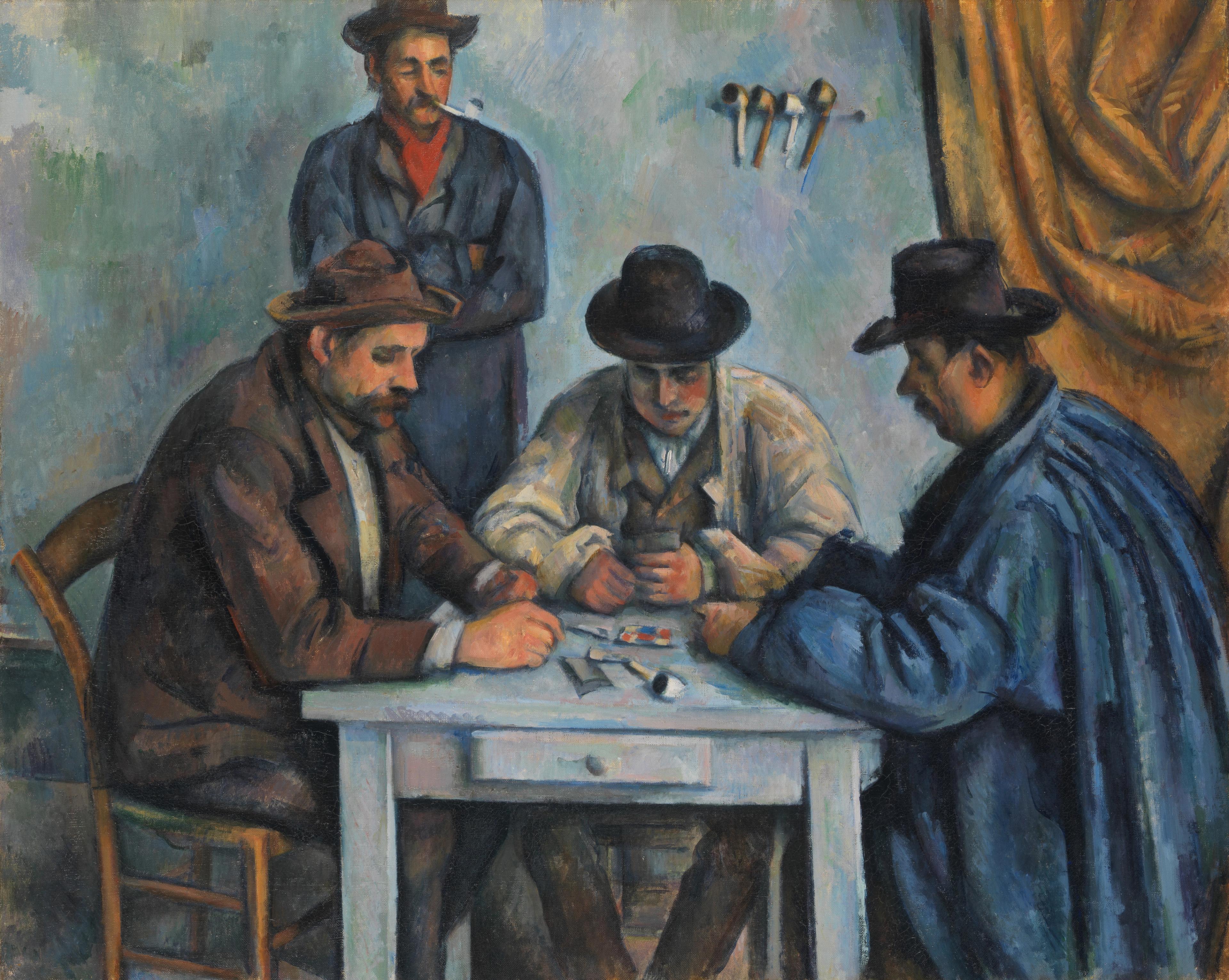Painting depicting three men with hats playing cards at a small table. A fourth man stands watching behind them. A heavy yellow curtain hangs on the left side of the blue-walled room.