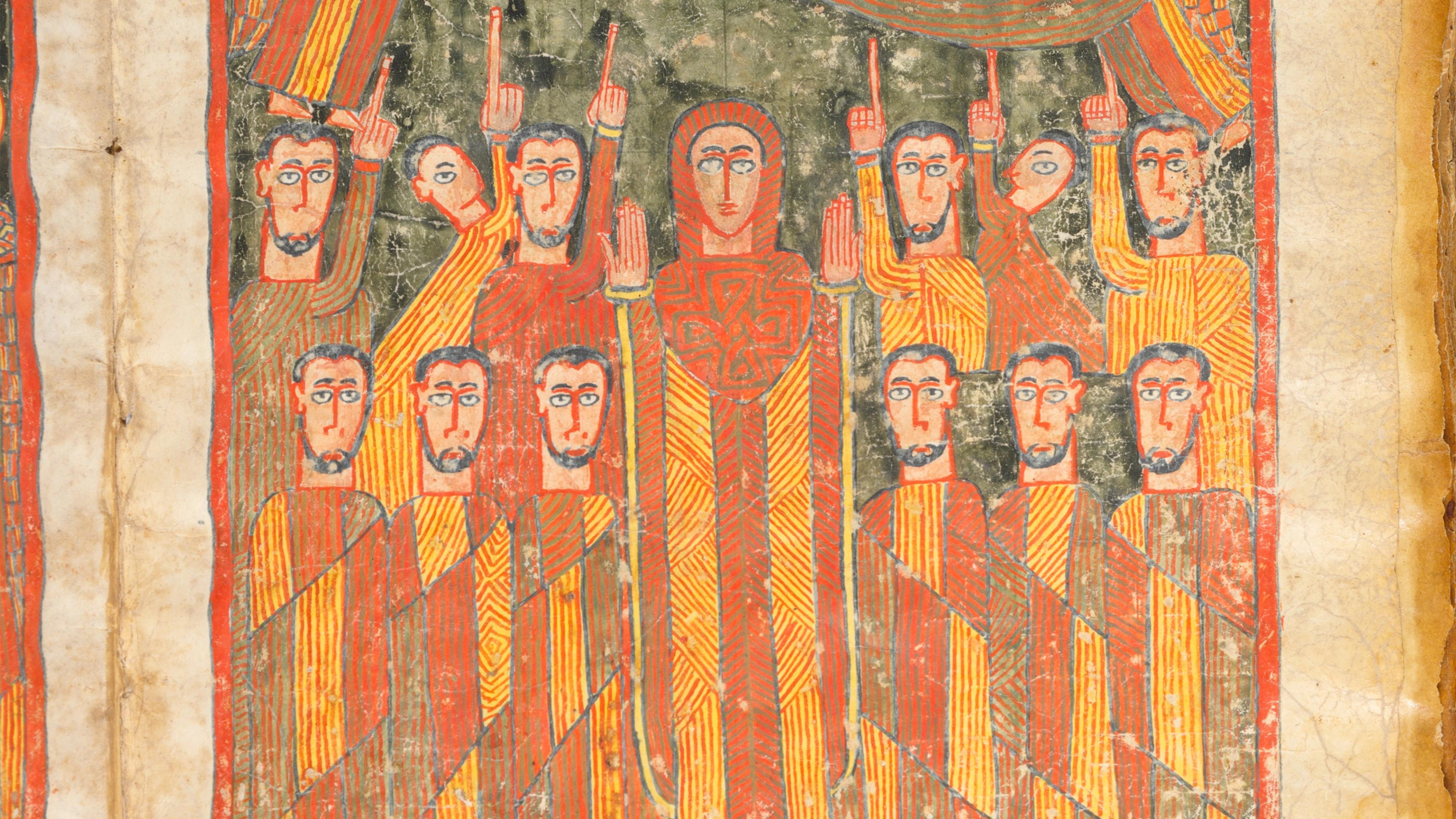 Painted male figures pointing upwards, gathered around a central figure