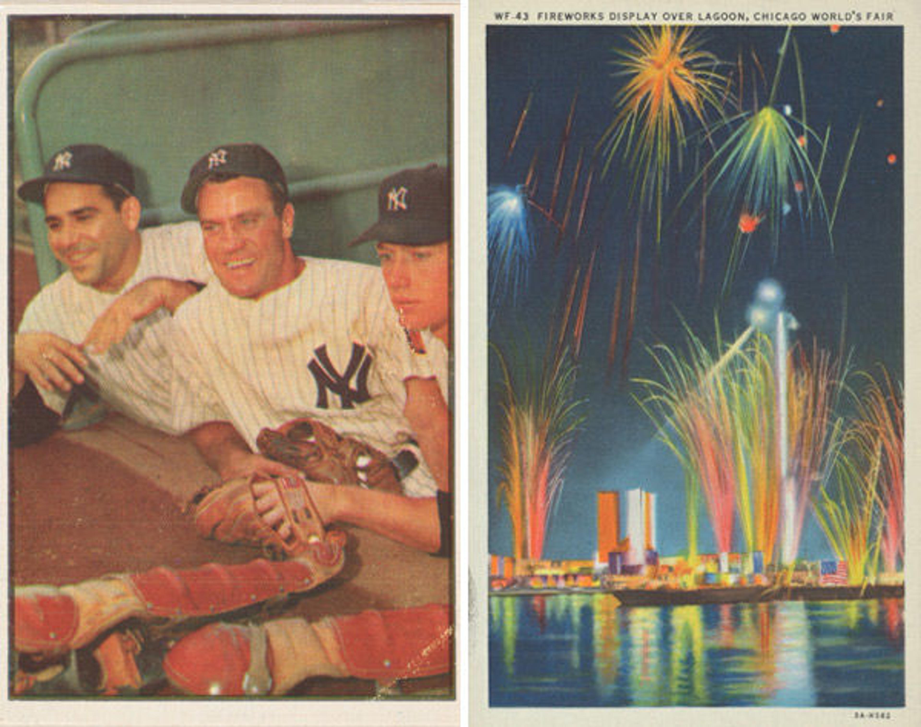 Left: Issued by Bowman Gum Company. Hank Bauer, Outfield, Yogi Berra, Catcher, Mickey Mantle, Outfield, New York Yankees, from Collector series, Colors set, series 7 (R406-7) issued by Bowman Gum, 1953. Commerical color lithograph; Sheet: 3 3/4 × 2 1/2 in. (9.5 × 6.3 cm). The Metropolitan Museum of Art, New York, The Jefferson R. Burdick Collection, Gift of Jefferson R. Burdick (Burdick 327, R406-7.44). Right: Issued by Kinney Brothers (American). Card No. 74, Belgian Carrier Pigeon, With Its Message in Code, from the World War I Scenes series (T121) issued by Sweet Caporal Cigarettes (detail), ca. 1914. Photolithograph; Sheet: 2 5/8 x 1 9/16 in. (6.7 x 3.9 cm). The Metropolitan Museum of Art, New York, The Jefferson R. Burdick Collection, Gift of Jefferson R. Burdick (63.350.246.121.78)