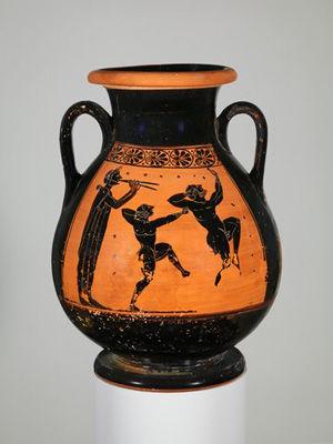 Pelike (wine jar), Greek, Attic, Archaic period, ca. 510 B.C., attributed to the Acheloös Painter, terracotta.