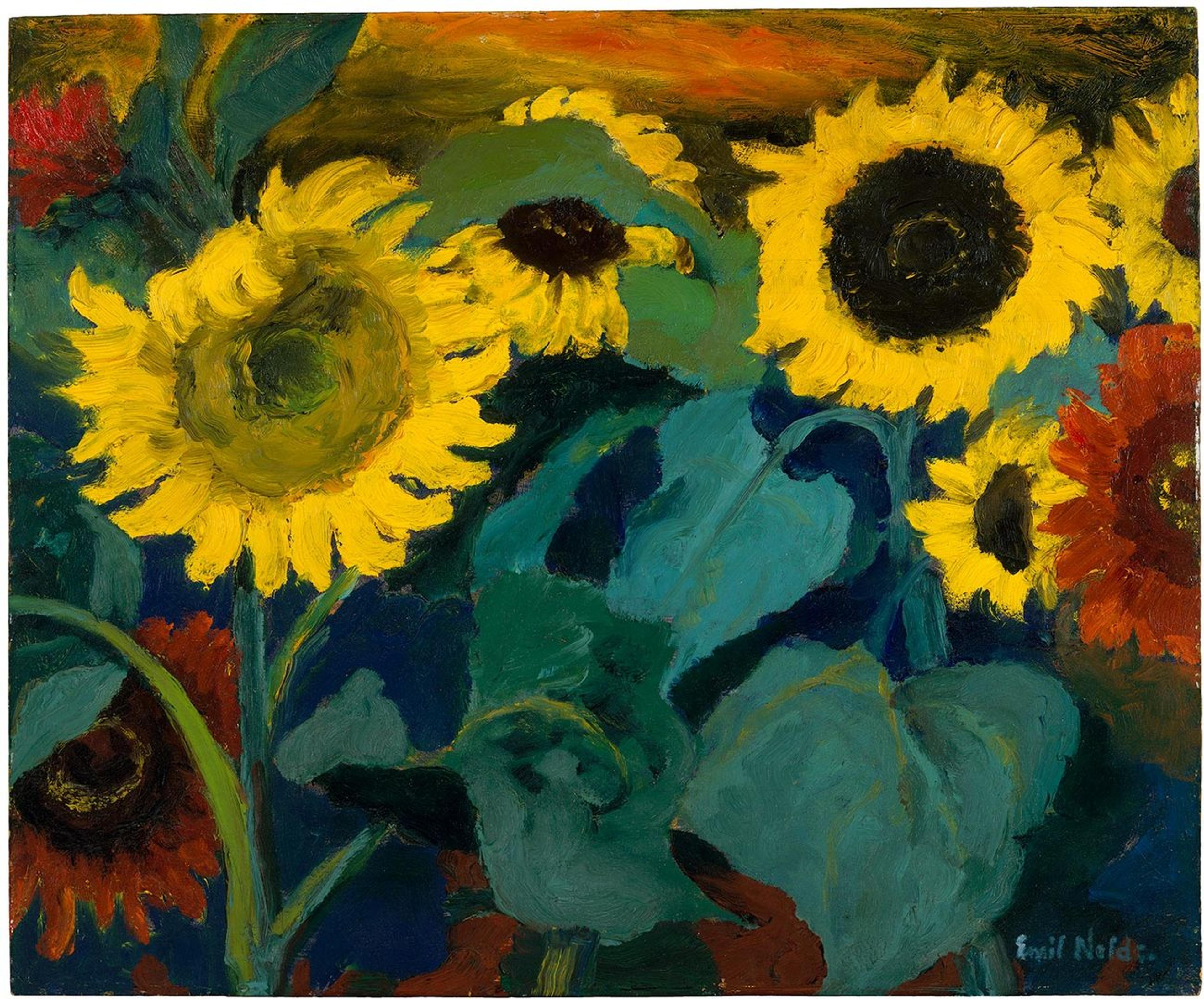 Painting of big sunflowers with big green leaves by Emil Nolde