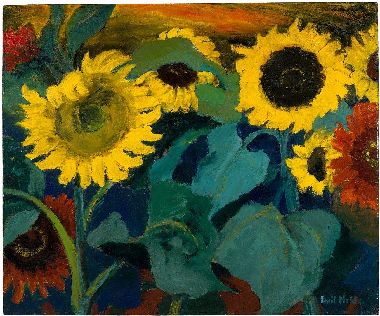 Painting of big sunflowers with big green leaves by Emil Nolde