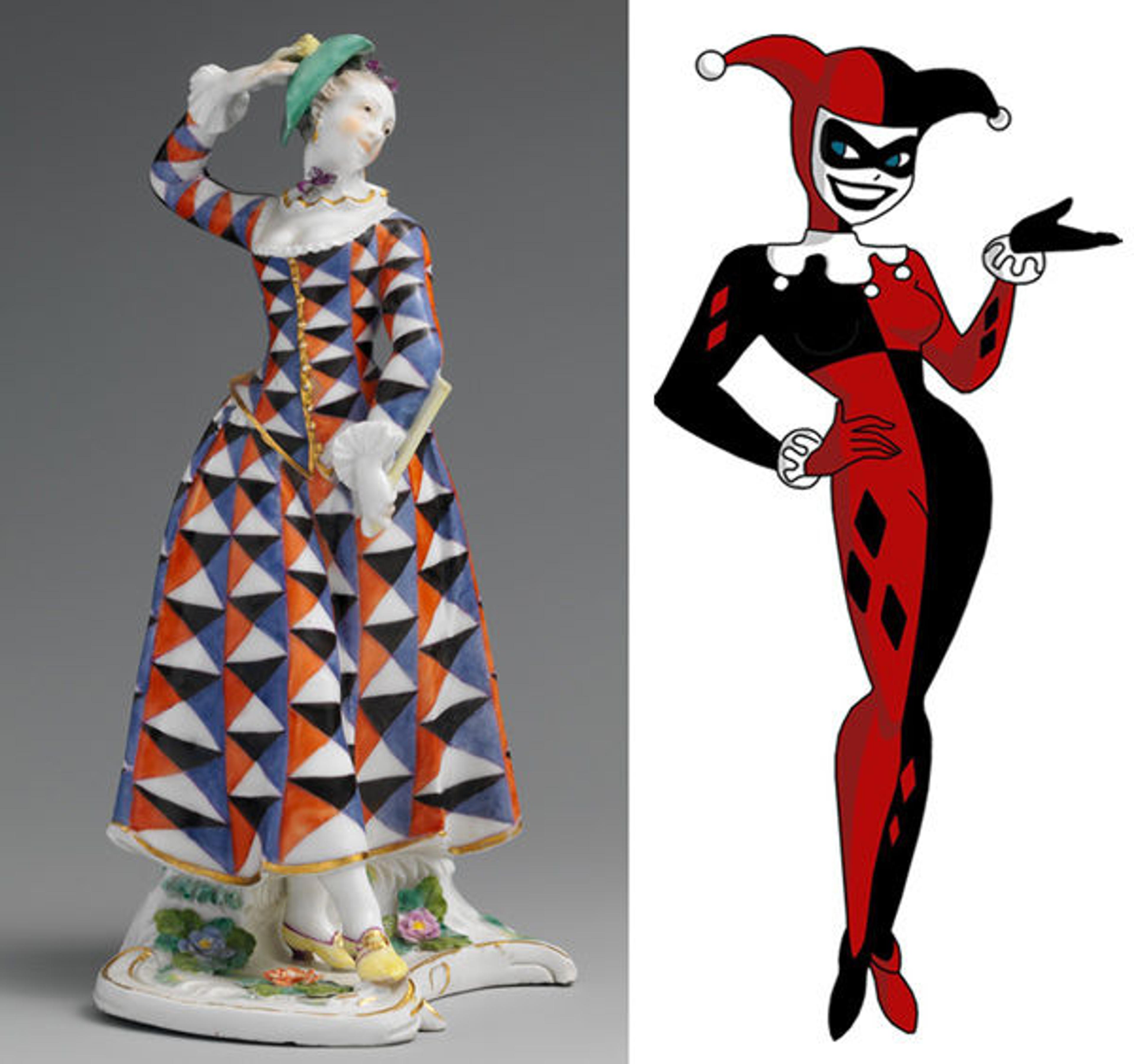 Eighteenth-century Harlequina figure and Harley Quinn