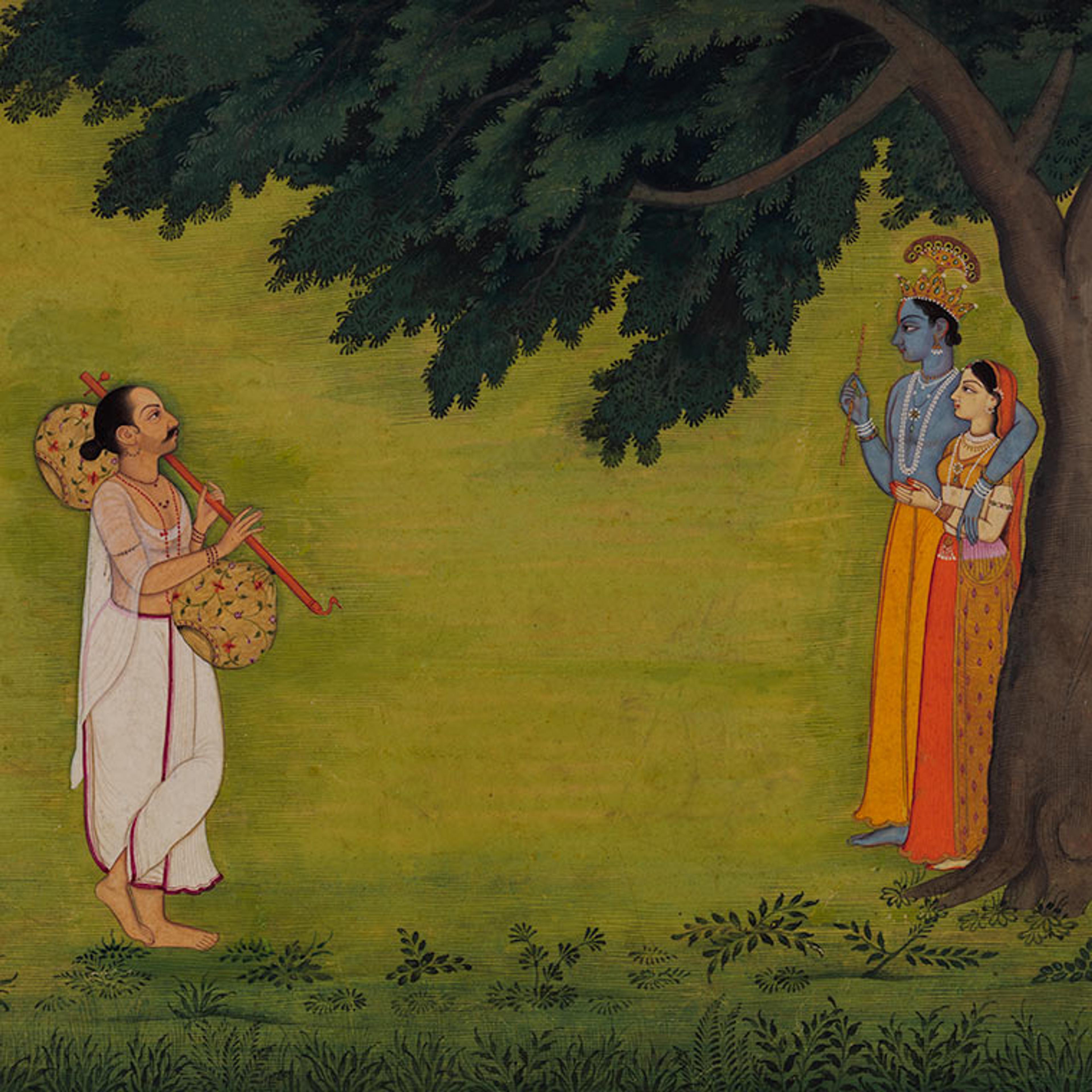 The poet Jayadeva gazes at Krishna and Radha as they stand in the shade of a big tree
