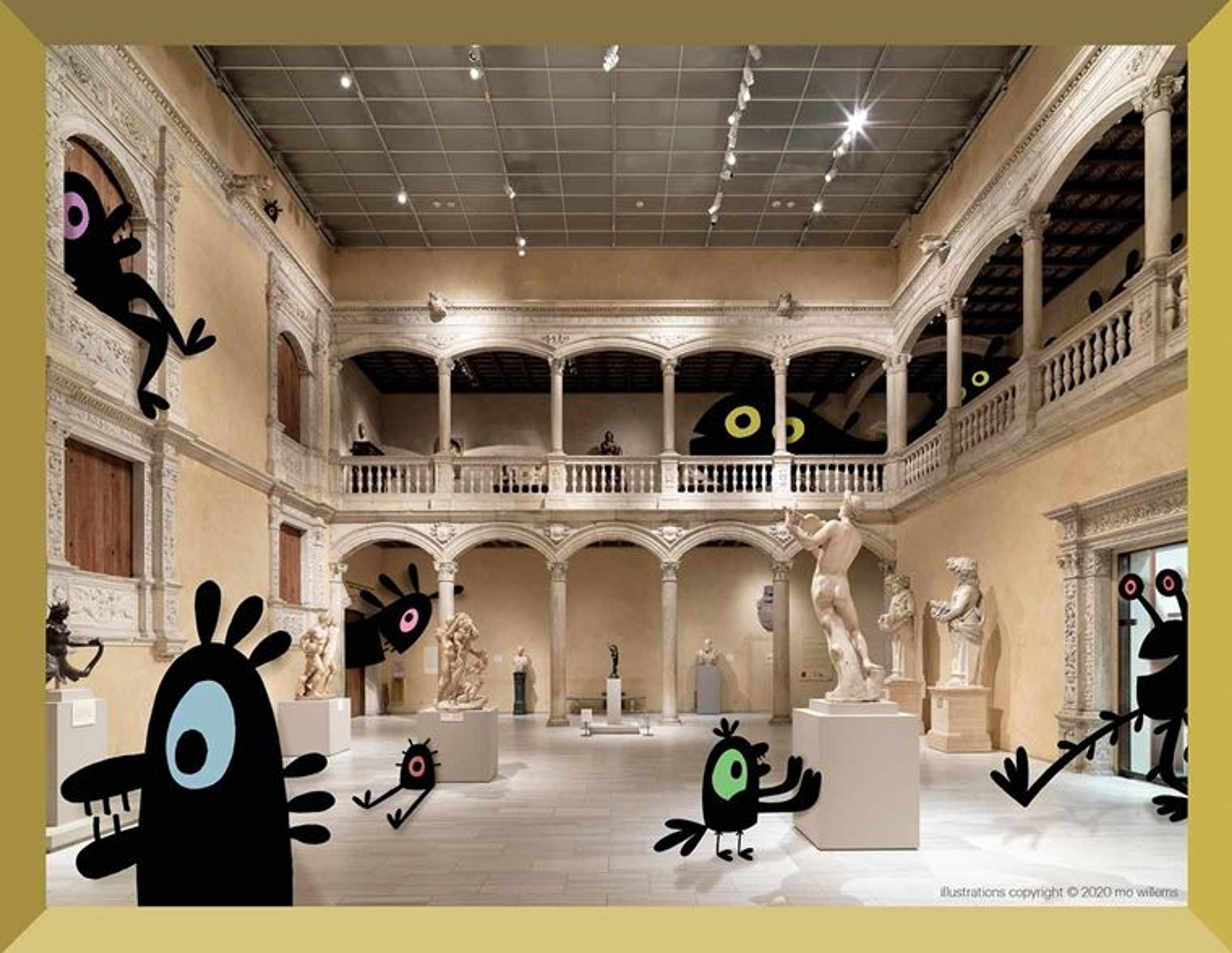A photograph of the two-story patio of the Velez Blanco castle, which was originally in Spain but was relocated to The Met. The room, which is scattered with sculptures of people and natural creatures on plinths, is illustrated with simple quirky black cartoon characters scattered throughout the image looking at the art.