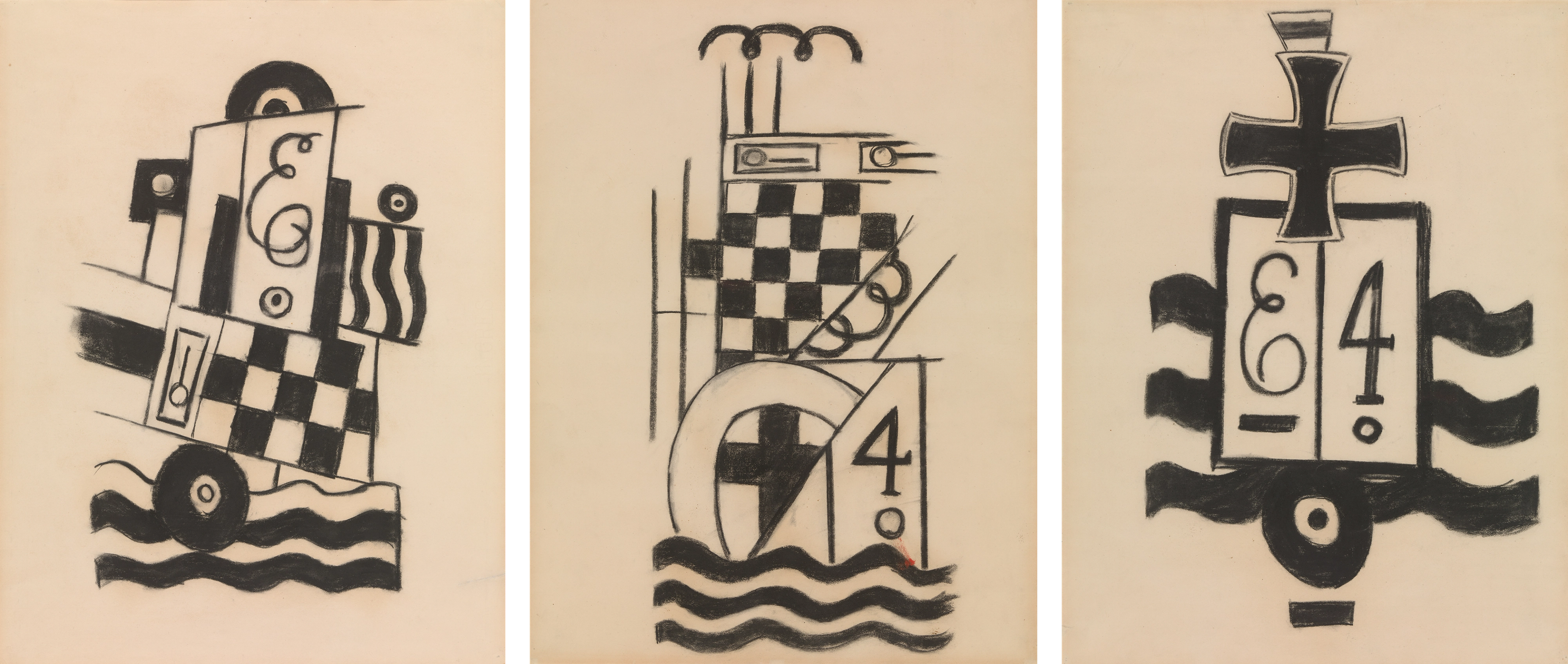 Three abstract charcoal drawings featuring military symbols, accented with checkerboard and wave patterns.
