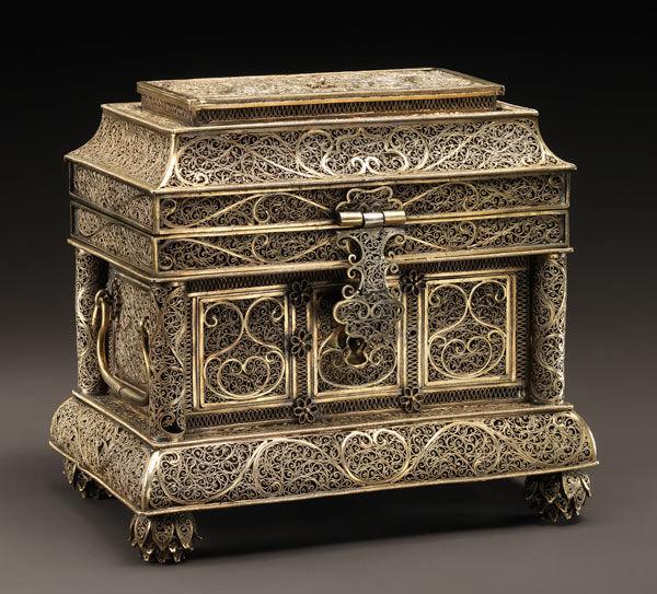 Left: This seventeenth-century box from Goa, in India, incorporates a filigree technique that was popular in Portugal at the time Goanese filigree box, 17th century. India. Silver filigree, parcel-gilt; 5 1/8 x 5 1/8 x 3 3/4 in (13 x 13 x 9 cm). The Metropolitan Museum of Art, New York, Purchase, Friends of Islamic Art Gifts, Elizabeth S. Ettinghausen Gift, in memory of Richard Ettinghausen, and Ralph D. Minasian, and The Irene Diamond Fund Inc. Gifts, 2014 (2014.253)