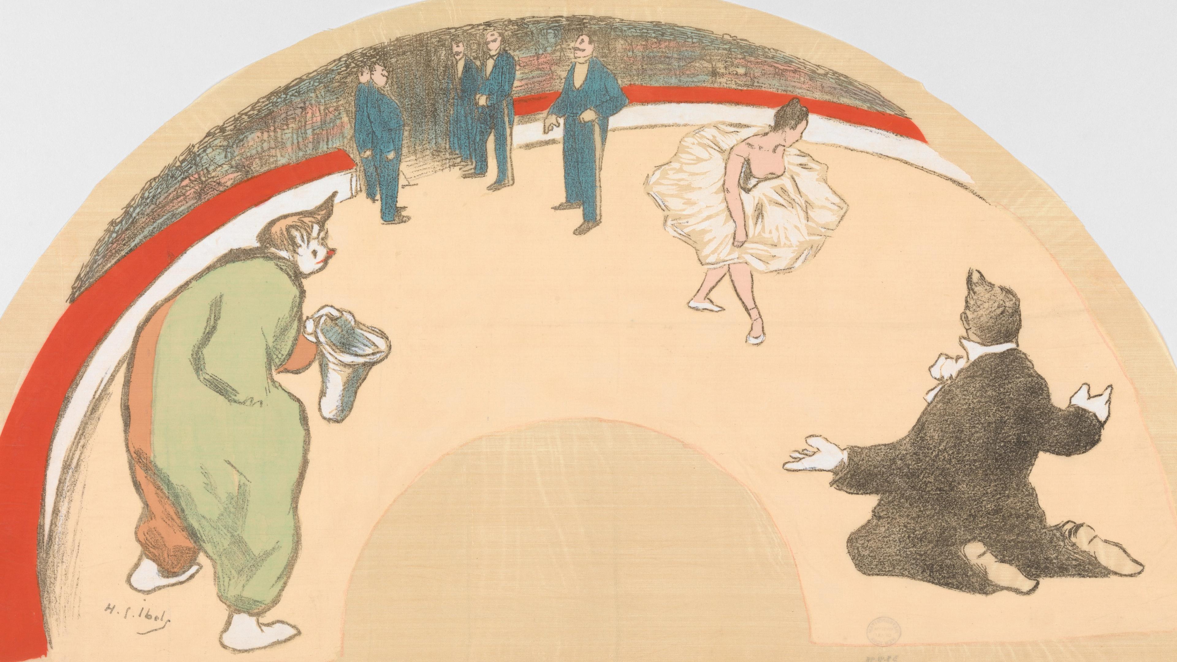 A fan painted with circus figures