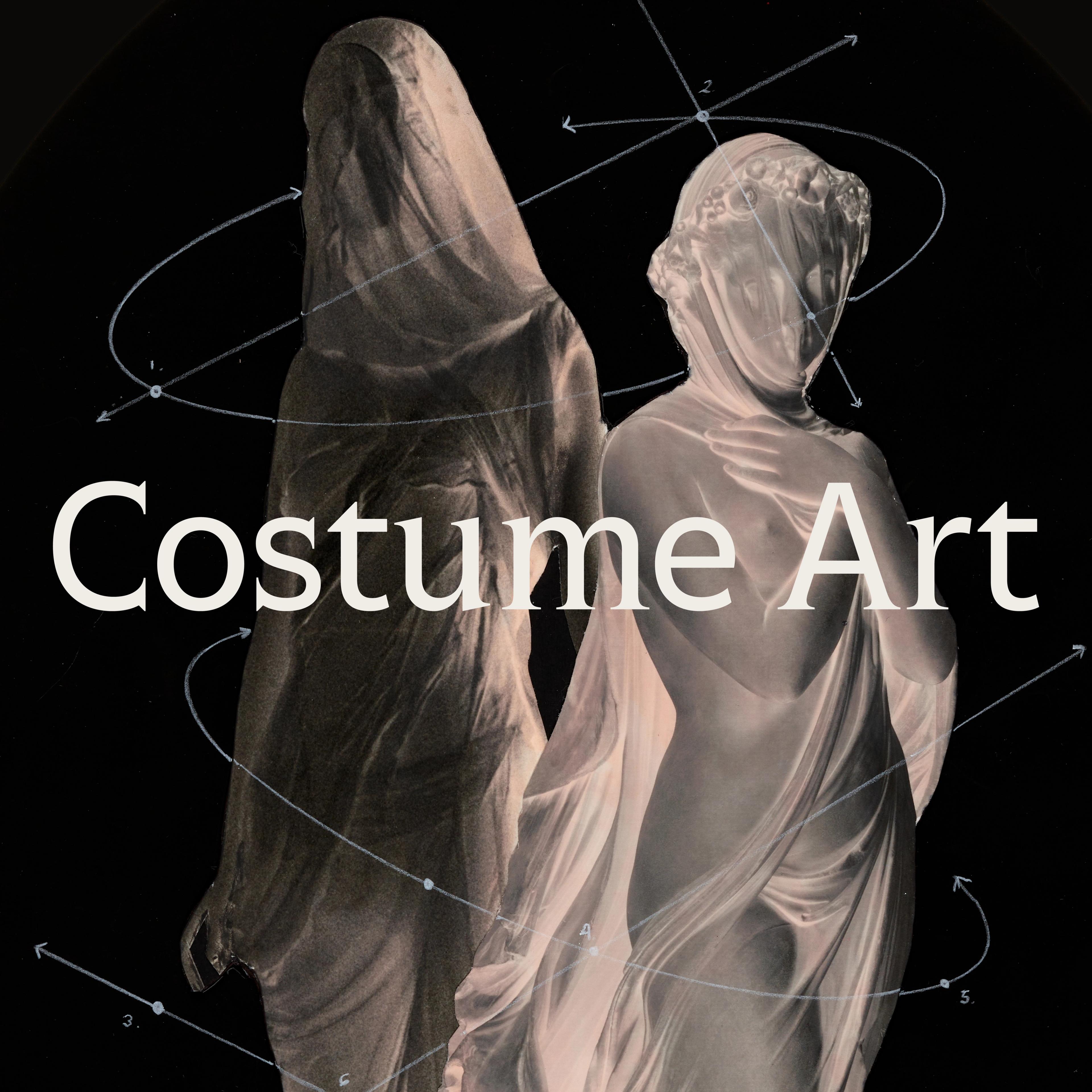 Two statues draped in translucent veils against a dark background with swirling lines. Bold text reads 'Costume Art'