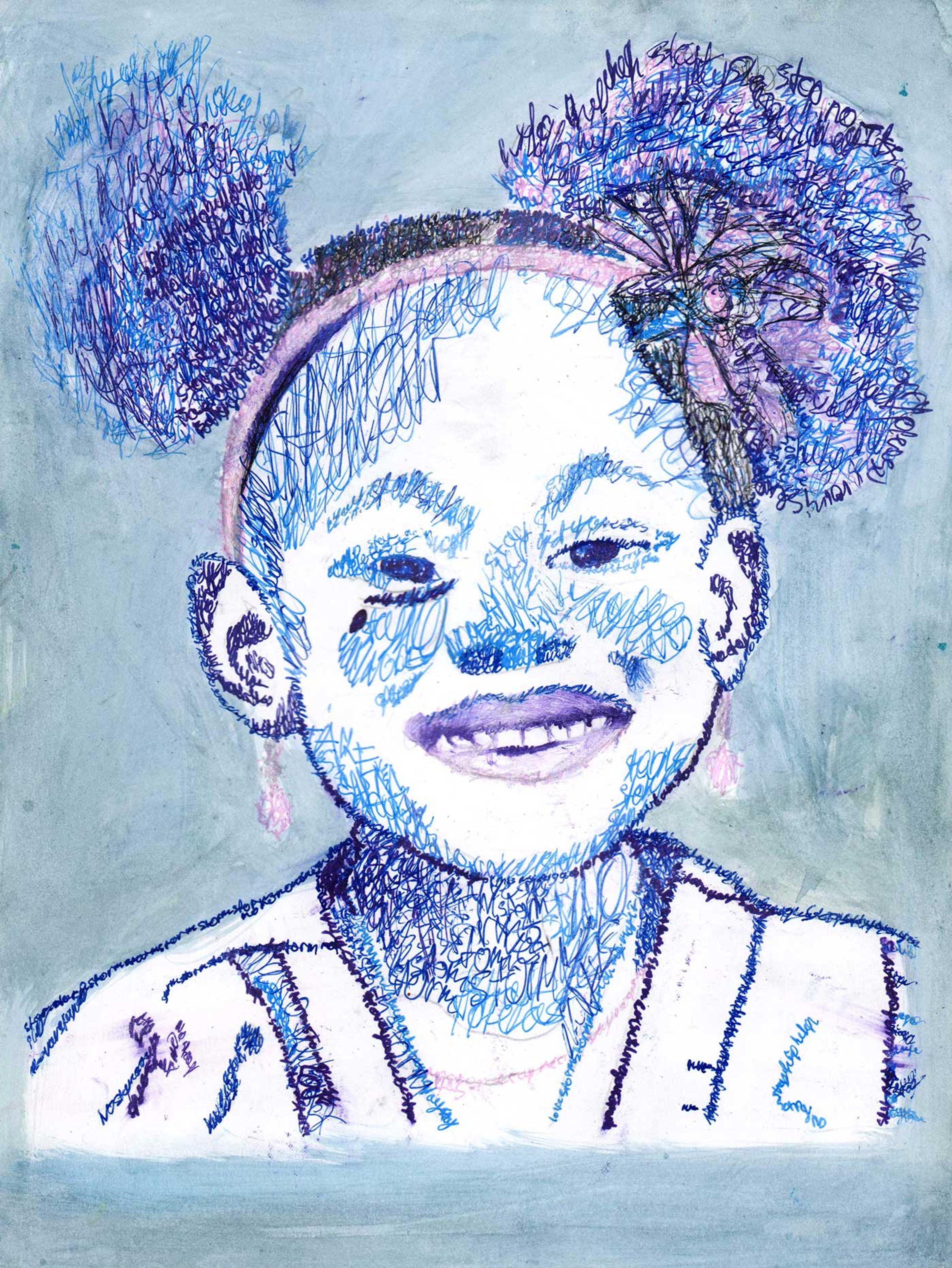 Portrait of a smiling young girl done in pinks and blues.