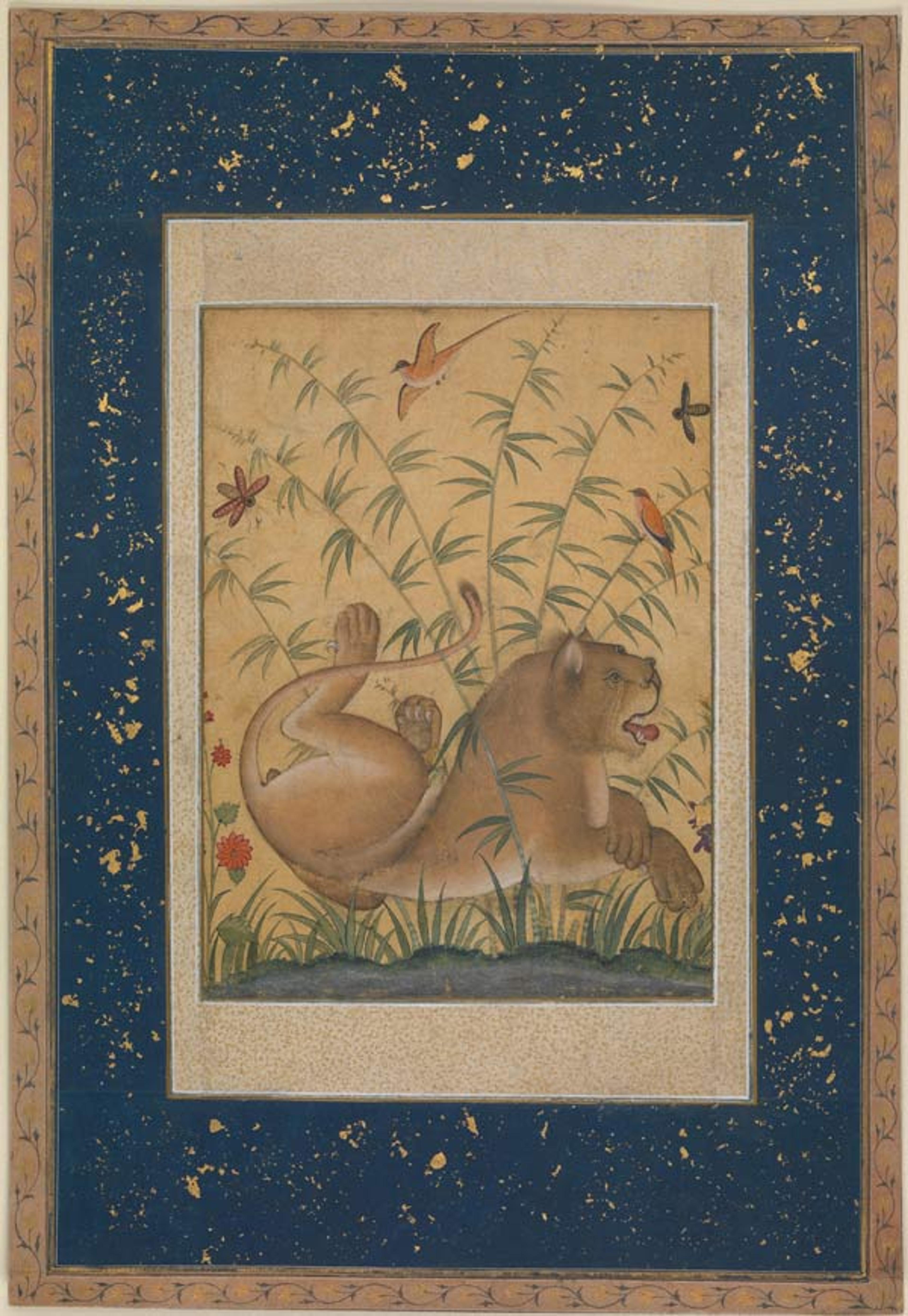 Lion at Rest, ca. 1585. India. Islamic. Ink, opaque watercolor, silver, and gold on paper; Painting: 8 x 6 in. (20.3 x 15.2 cm). The Metropolitan Museum of Art, New York, The Alice and Nasli Heeramaneck Collection, Gift of Alice Heeramaneck, 1985 (1985.221)