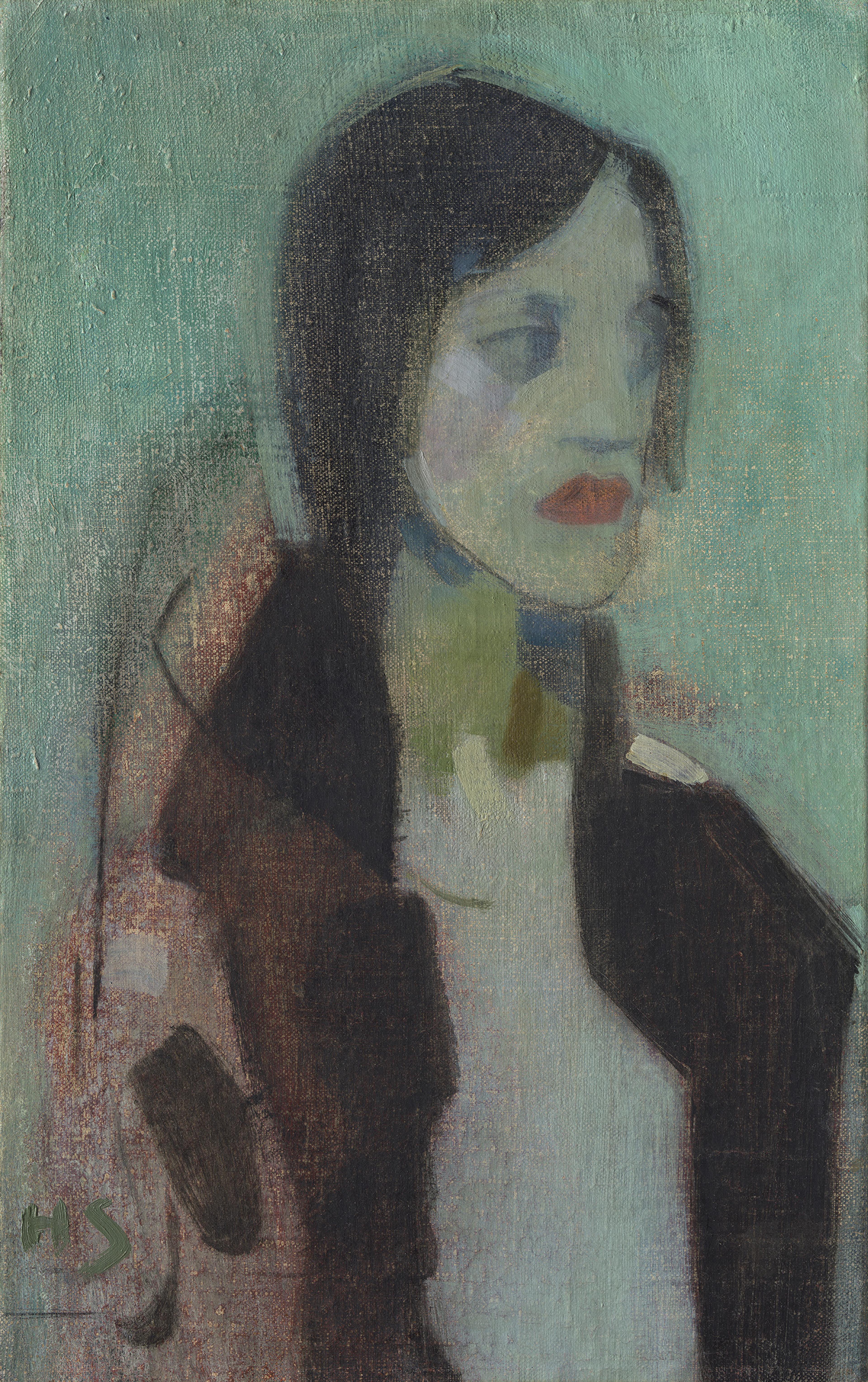 portrait of a woman with long dark hair against a teal-green background. Her face is softly rendered with pale blue and gray tones, red lips, and indistinct eyes, giving a dreamlike, introspective expression.