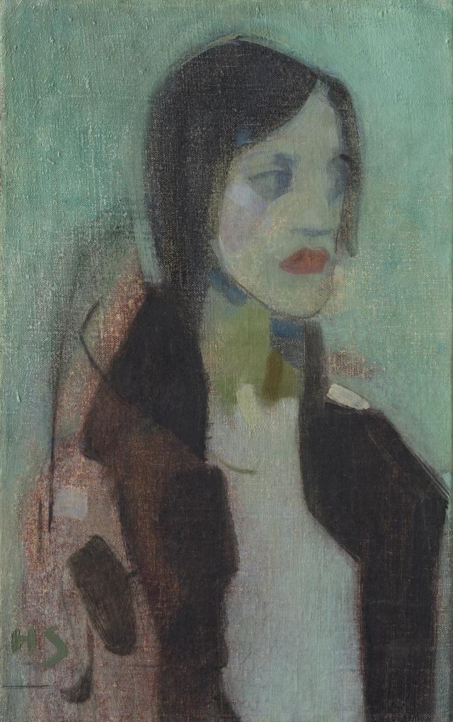 portrait of a woman with long dark hair against a teal-green background. Her face is softly rendered with pale blue and gray tones, red lips, and indistinct eyes, giving a dreamlike, introspective expression.