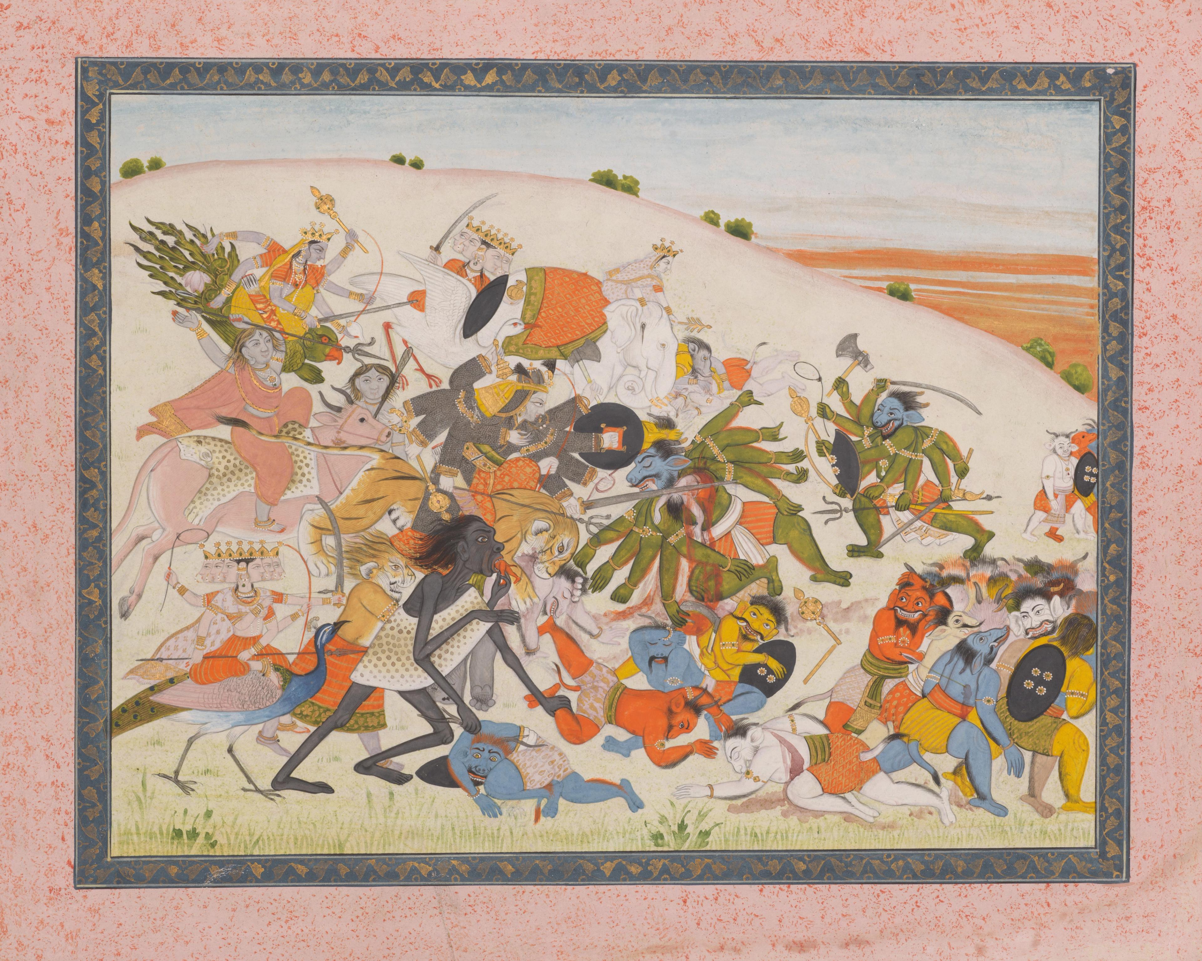 Chaotic, colorful battle scene with mythical and religious figures at right.