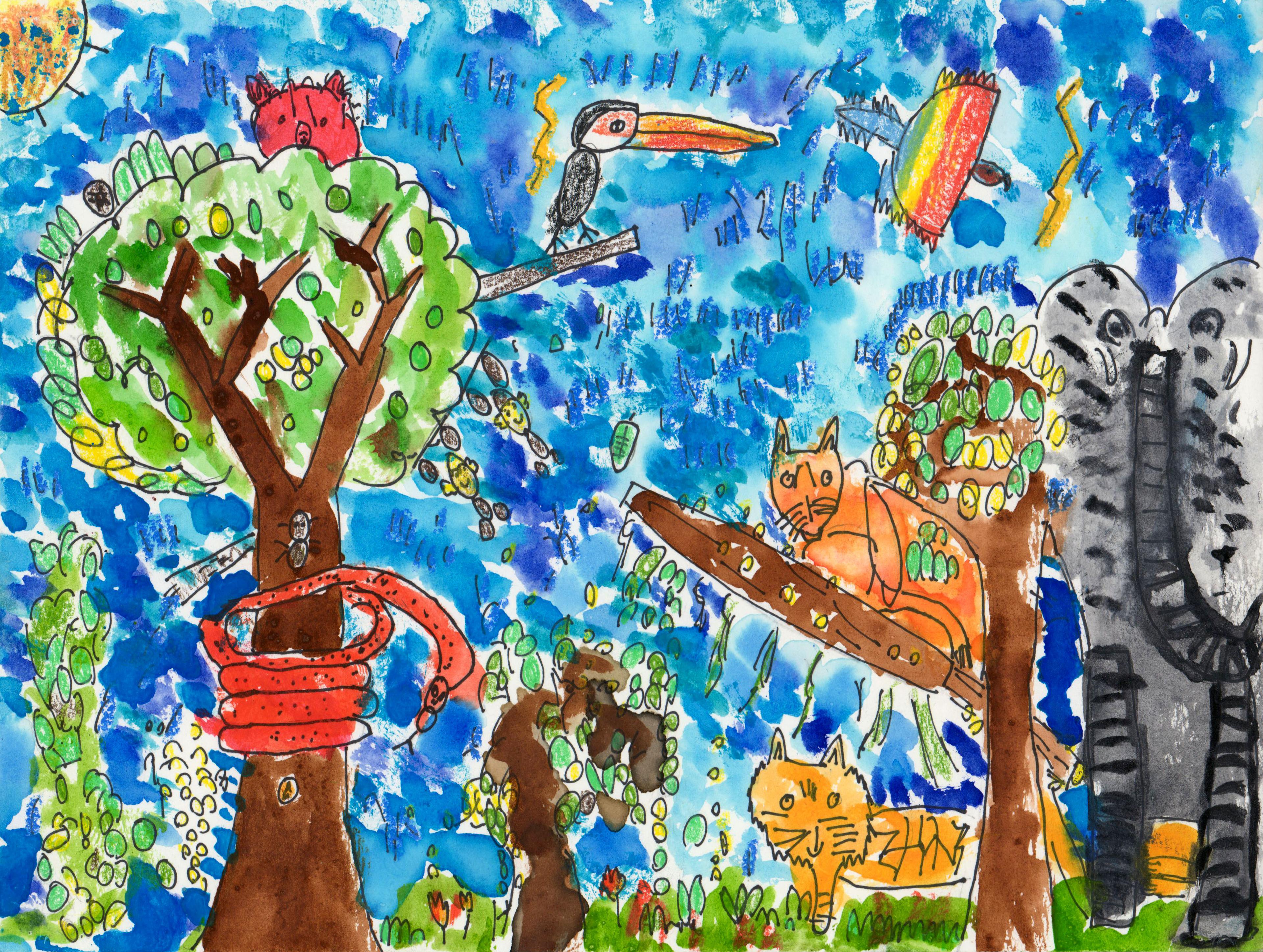 Mixed-media painting of a jungle scene filled with trees and animals. To the left, a red snake is wrapped several times around the brown trunk of a tall tree. An animal with a round, red face peers out from the green leaves at the top of the tree. A toucan perches on a branch that extends from the right side of the tree top. To the right, an orange lion stands in the grass and peers from behind another tree, while an orange tiger perches on a tree branch above that extends to the left. A large, tall, gray elephant stands to the right of the tree at the right side of the illustration. A green, yellow, and red animal flies above the tree to the right. The sky is blue and a yellow sun shines at the top left corner of the illustration.