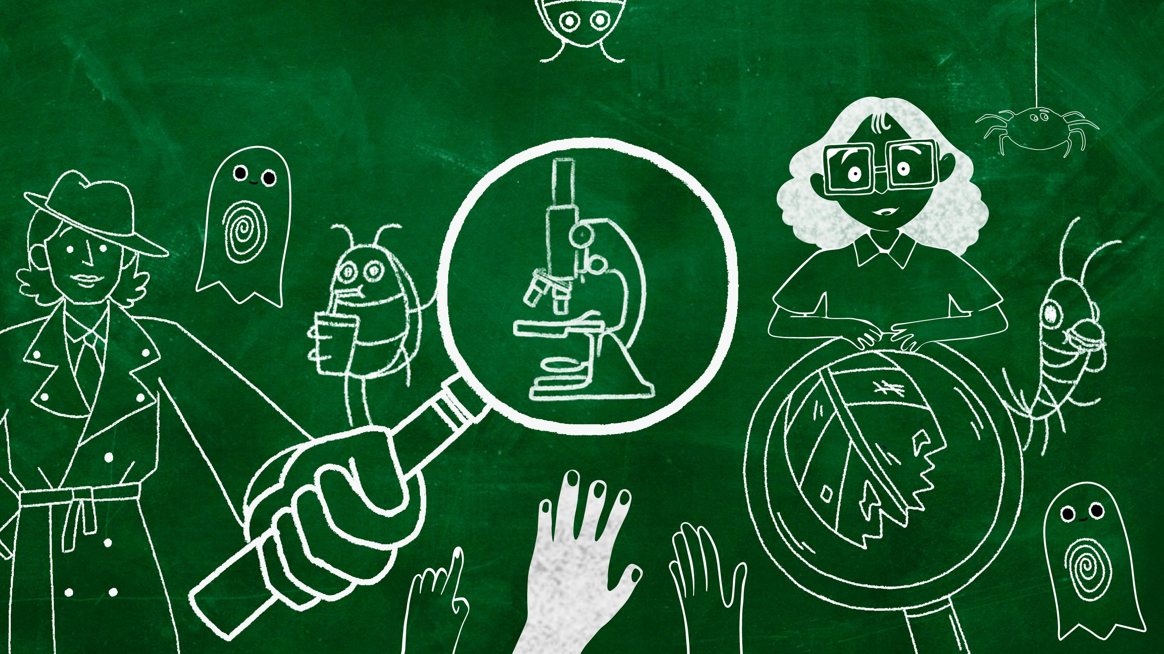 A chalk-line illustration of an art detective points her magnifying glass at a microscope; hands reach towards the microscope while a crew of bugs and a fingerprint ghost look on