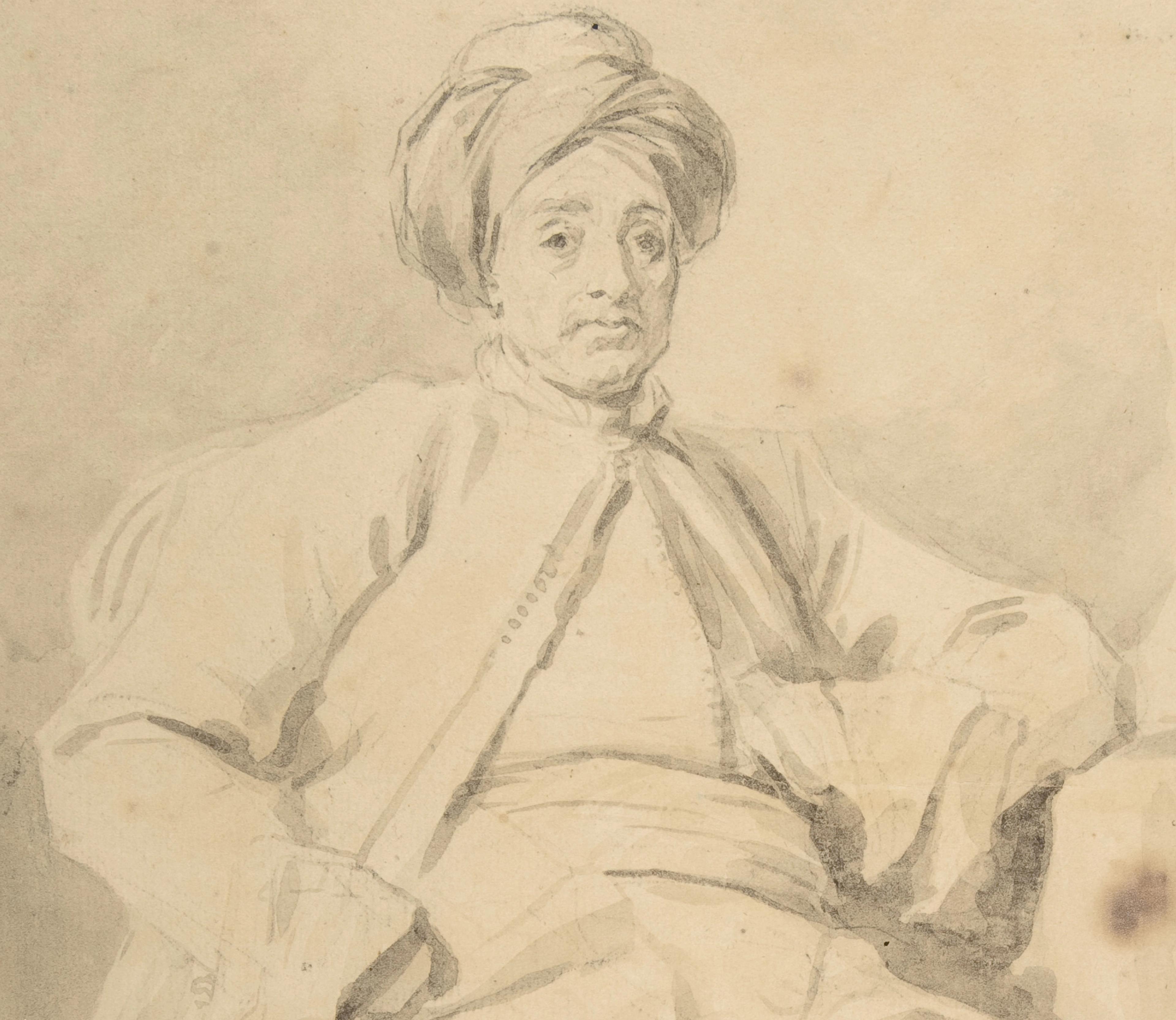 An ink drawing of the head and chest of a man wearing a turban.