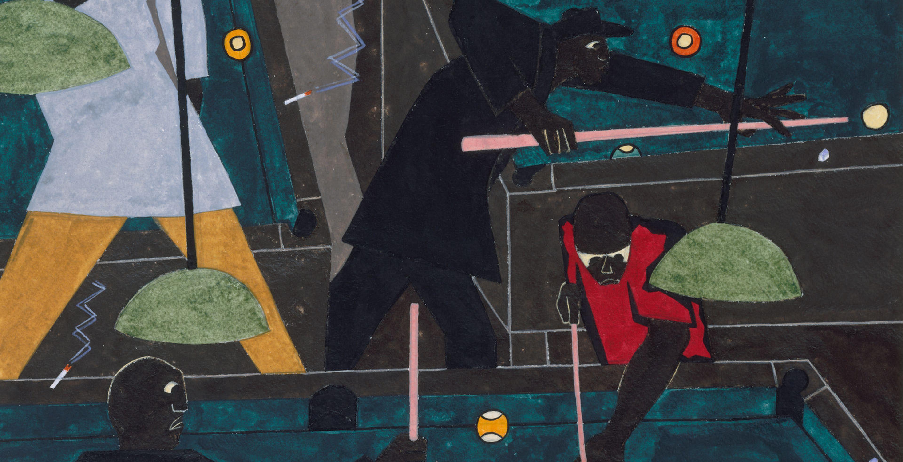 "Harlem Is Everywhere" episode 4 art, featuring Jacob Lawrence's "Pool Parlor"