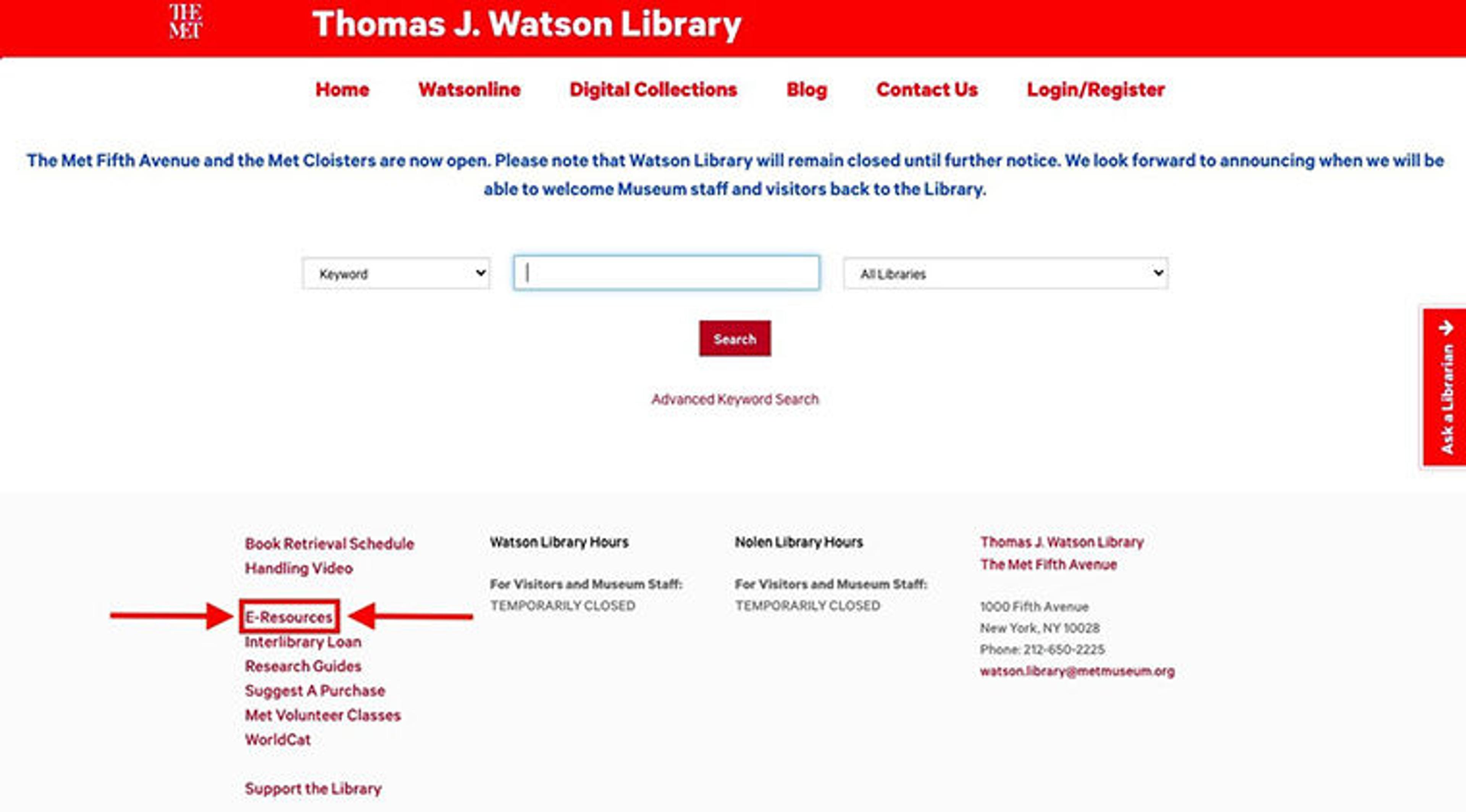 homepage of Watsonline with emphasis placed on the E-Resource button