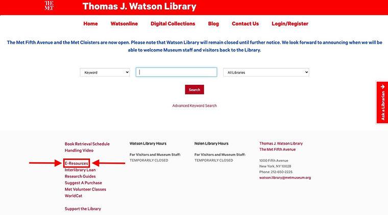 homepage of Watsonline with emphasis placed on the E-Resource button