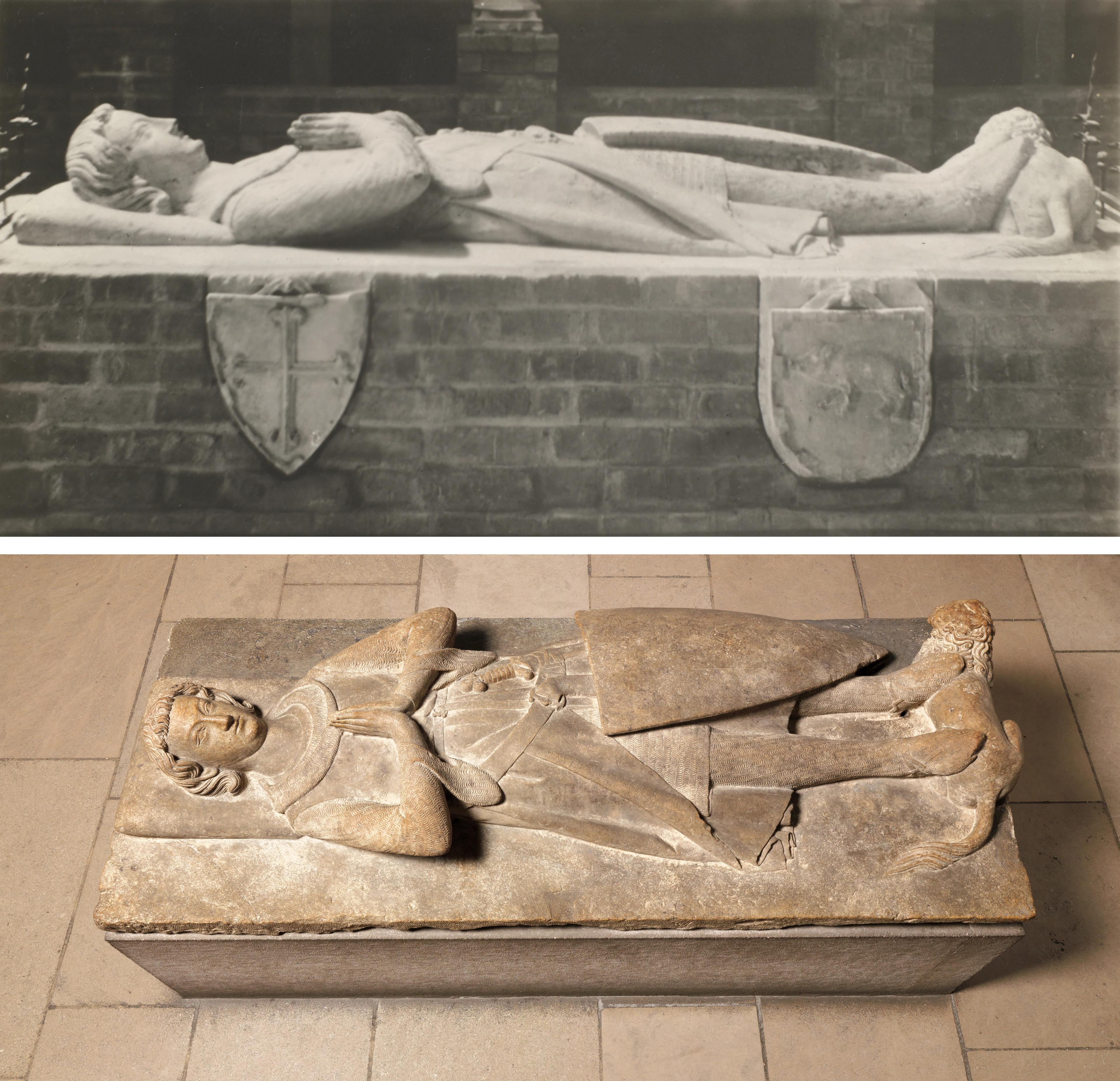 Archival and contemporary views of a sculpted knight, laying faceup on a rectangular platform.